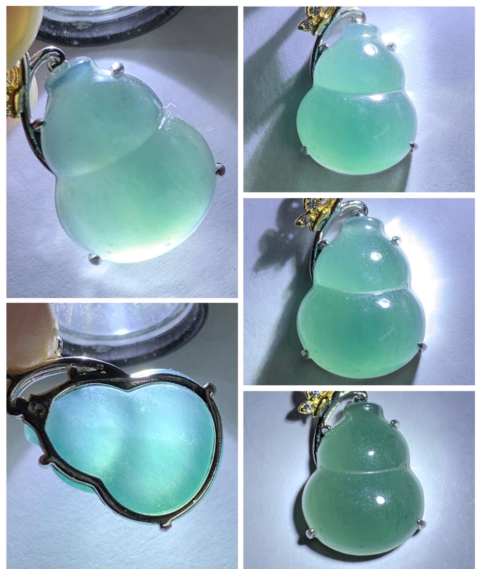 Natural Grade A Guatemalan Icy Translucent Dark Dusty Teal Blue Jade Jadeite Gourd Hulu Pendant Sterling Silver 天然冰危暗蓝绿翡翠葫芦吊坠 WHL240D