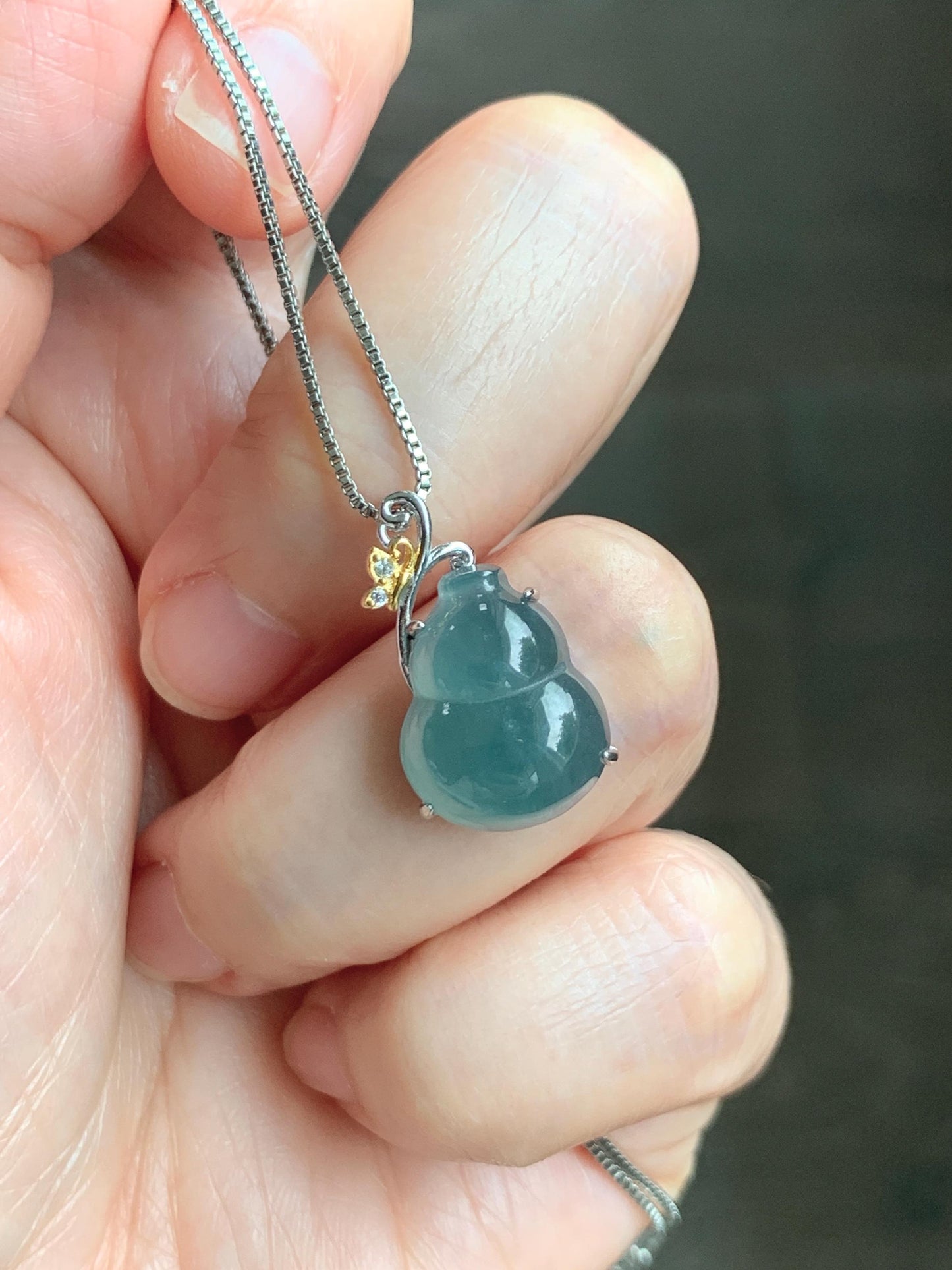 Natural Grade A Guatemalan Icy Translucent Dark Dusty Teal Blue Jade Jadeite Gourd Hulu Pendant Sterling Silver 天然冰危暗蓝绿翡翠葫芦吊坠 WHL240D