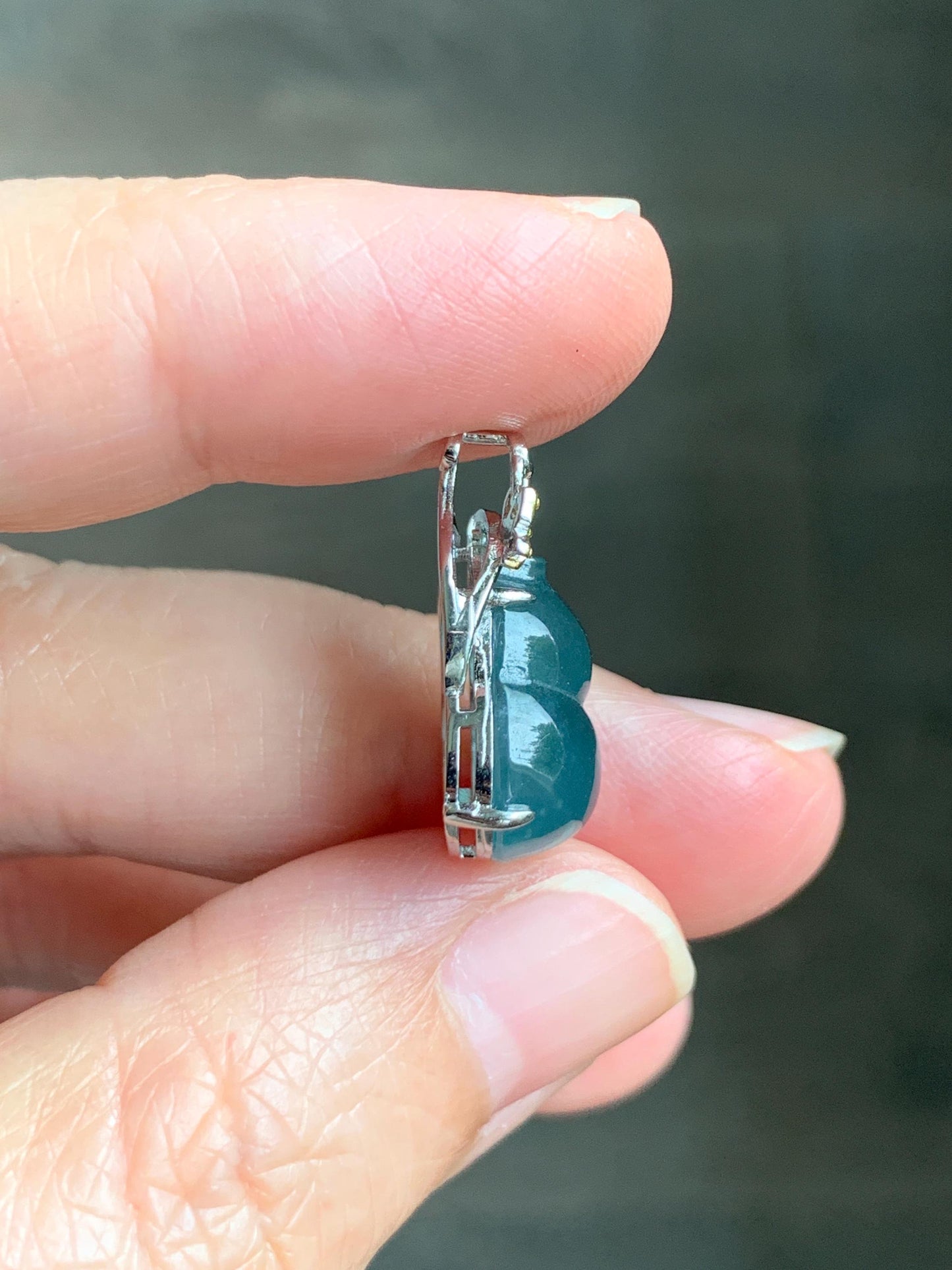 Natural Grade A Guatemalan Icy Translucent Dark Dusty Teal Blue Jade Jadeite Gourd Hulu Pendant Sterling Silver 天然冰危暗蓝绿翡翠葫芦吊坠 WHL240D