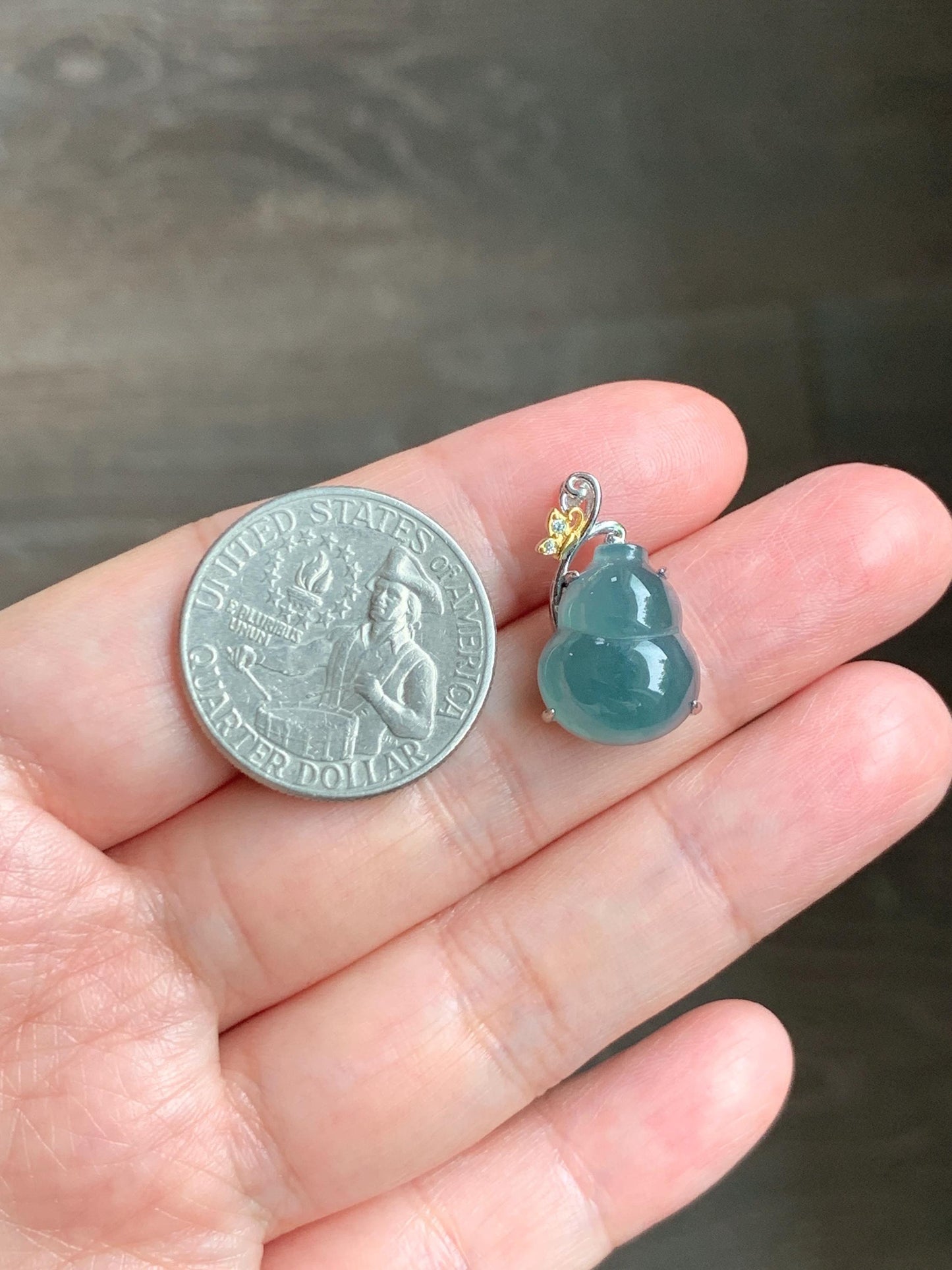 Natural Grade A Guatemalan Icy Translucent Dark Dusty Teal Blue Jade Jadeite Gourd Hulu Pendant Sterling Silver 天然冰危暗蓝绿翡翠葫芦吊坠 WHL240D