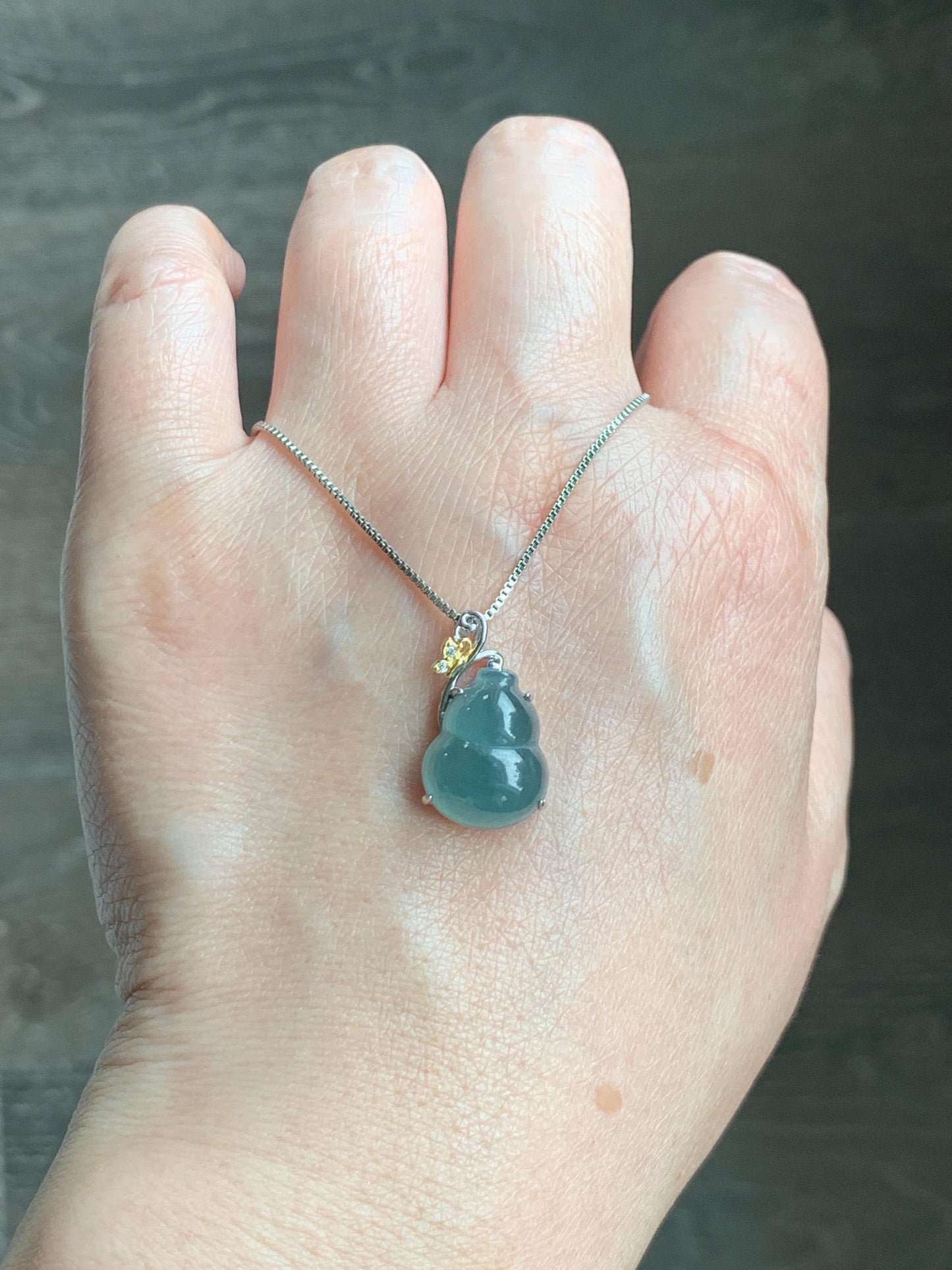 Natural Grade A Guatemalan Icy Translucent Dark Dusty Teal Blue Jade Jadeite Gourd Hulu Pendant Sterling Silver 天然冰危暗蓝绿翡翠葫芦吊坠 WHL240D