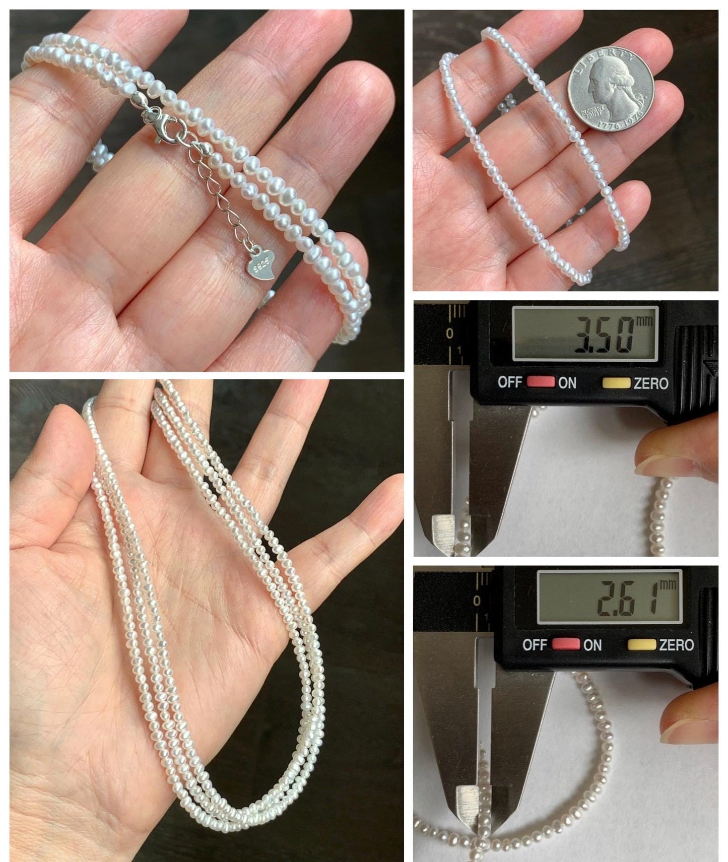 Natural Freshwater All-Nacre High Luster White Petite Pearls Beaded Necklace Sterling Silver 2.6x3.5mm 15.75”-16.5” 6g 天然淡水无核极光白珍珠项链 DSM420