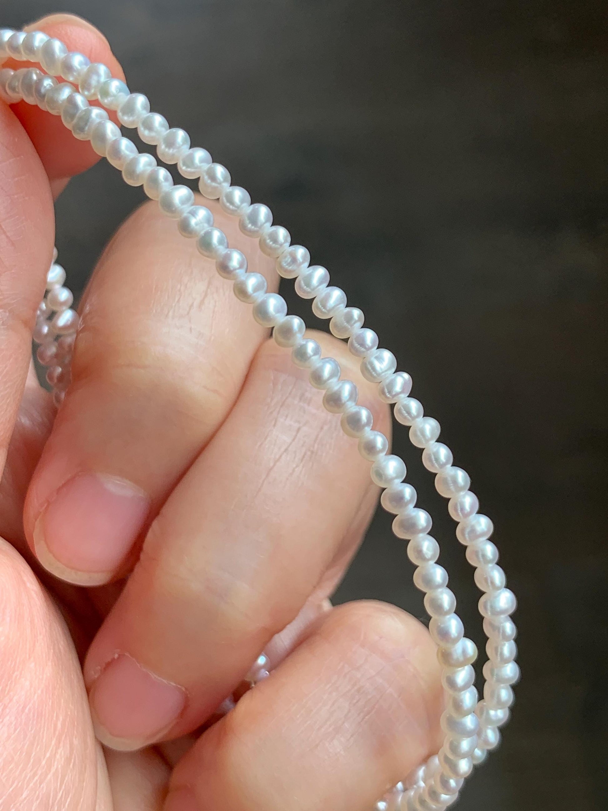 Natural Freshwater All-Nacre High Luster White Petite Pearls Beaded Necklace Sterling Silver 2.6x3.5mm 15.75”-16.5” 6g 天然淡水无核极光白珍珠项链 DSM420