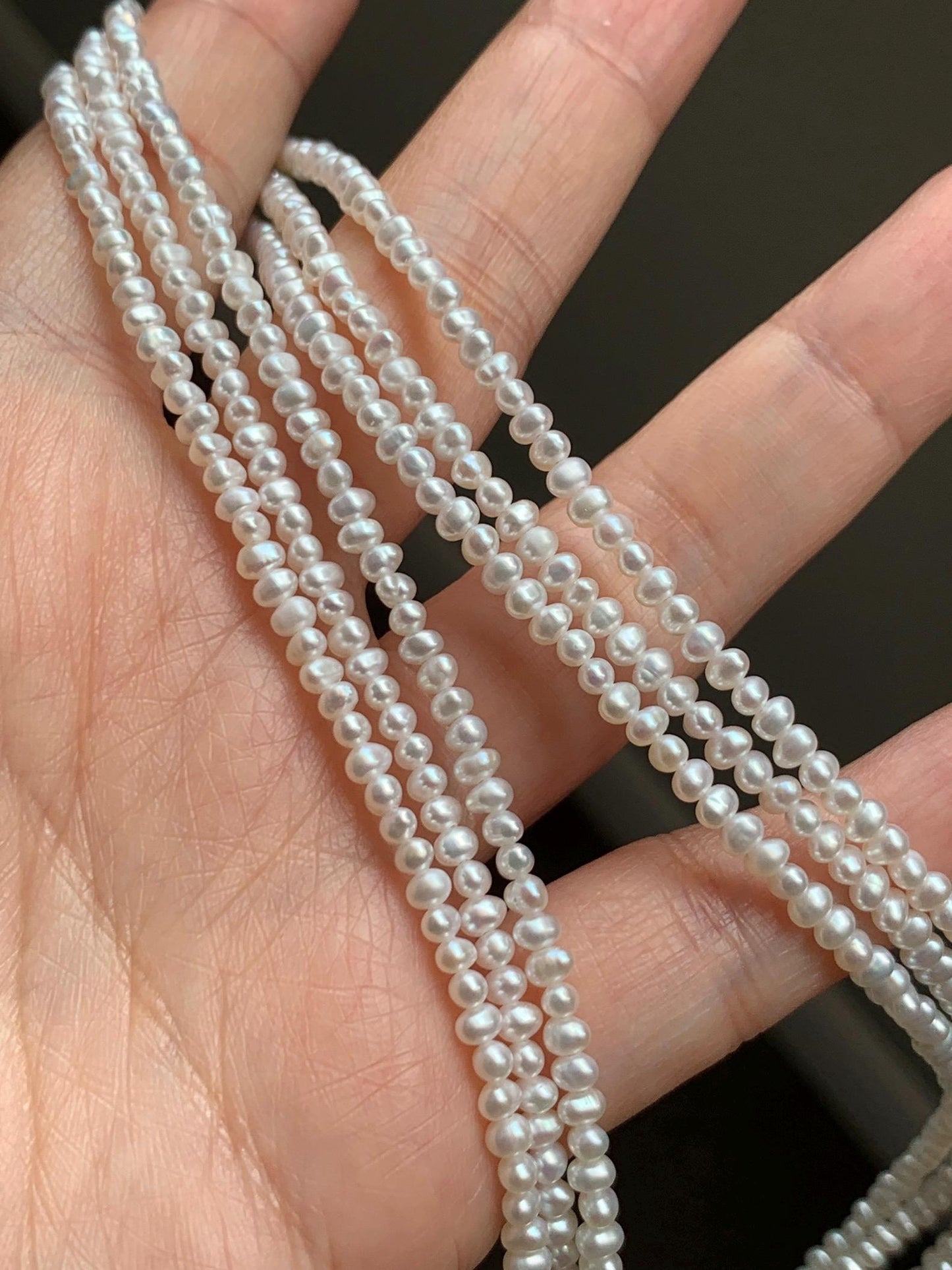 Natural Freshwater All-Nacre High Luster White Petite Pearls Beaded Necklace Sterling Silver 2.6x3.5mm 15.75”-16.5” 6g 天然淡水无核极光白珍珠项链 DSM420
