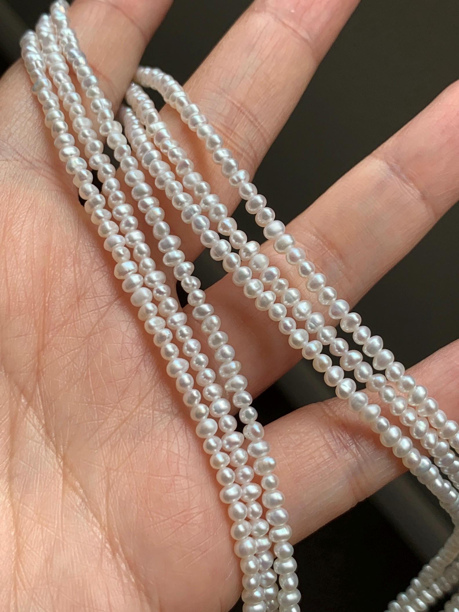 Natural Freshwater All-Nacre High Luster White Petite Pearls Beaded Necklace Sterling Silver 2.6x3.5mm 15.75”-16.5” 6g 天然淡水无核极光白珍珠项链 DSM420