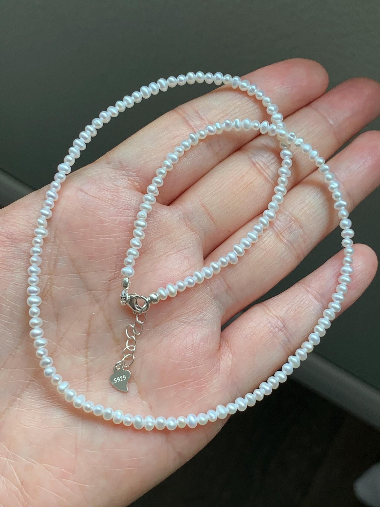 Natural Freshwater All-Nacre High Luster White Petite Pearls Beaded Necklace Sterling Silver 2.6x3.5mm 15.75”-16.5” 6g 天然淡水无核极光白珍珠项链 DSM420