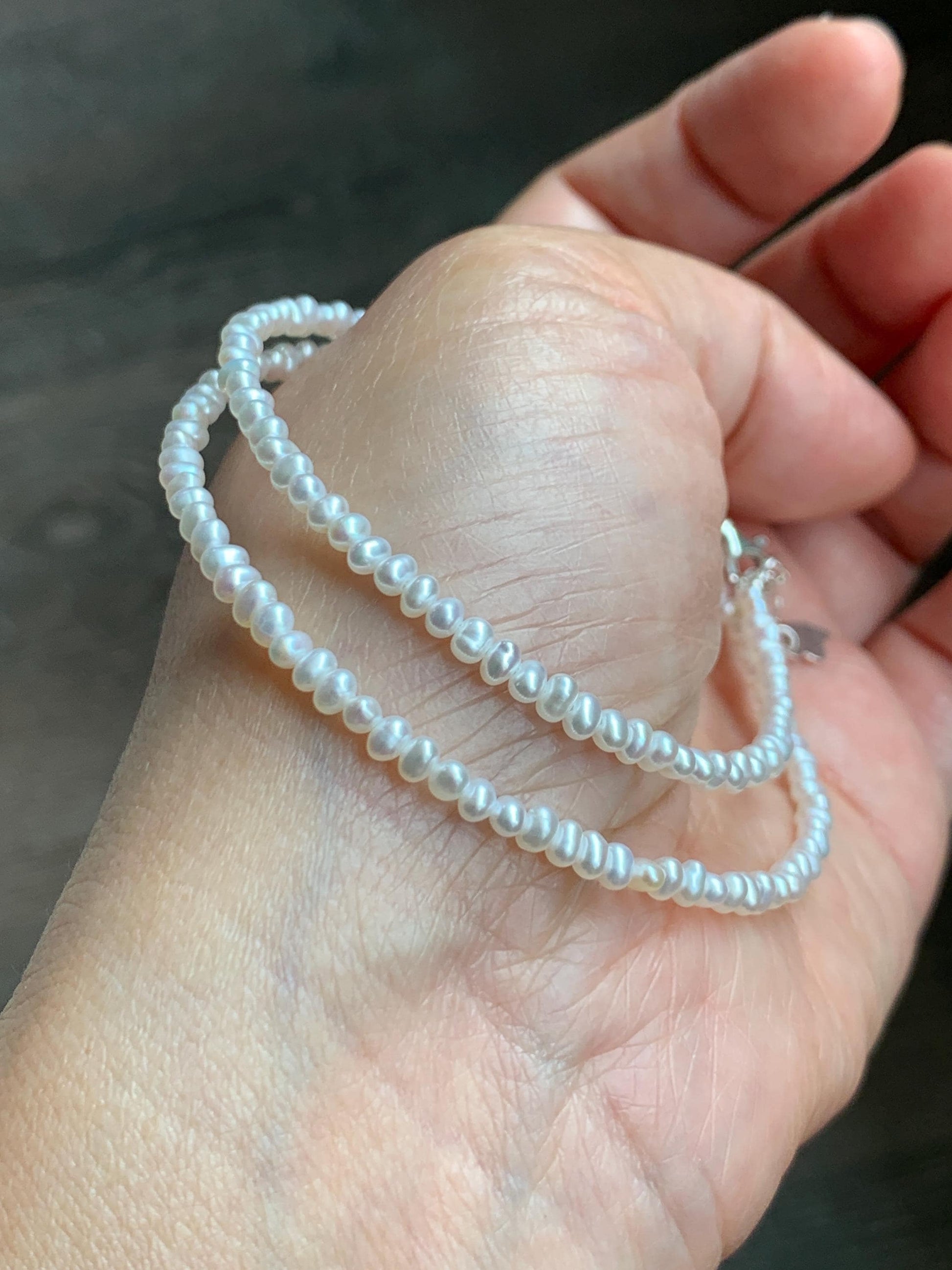 Natural Freshwater All-Nacre High Luster White Petite Pearls Beaded Necklace Sterling Silver 2.6x3.5mm 15.75”-16.5” 6g 天然淡水无核极光白珍珠项链 DSM420