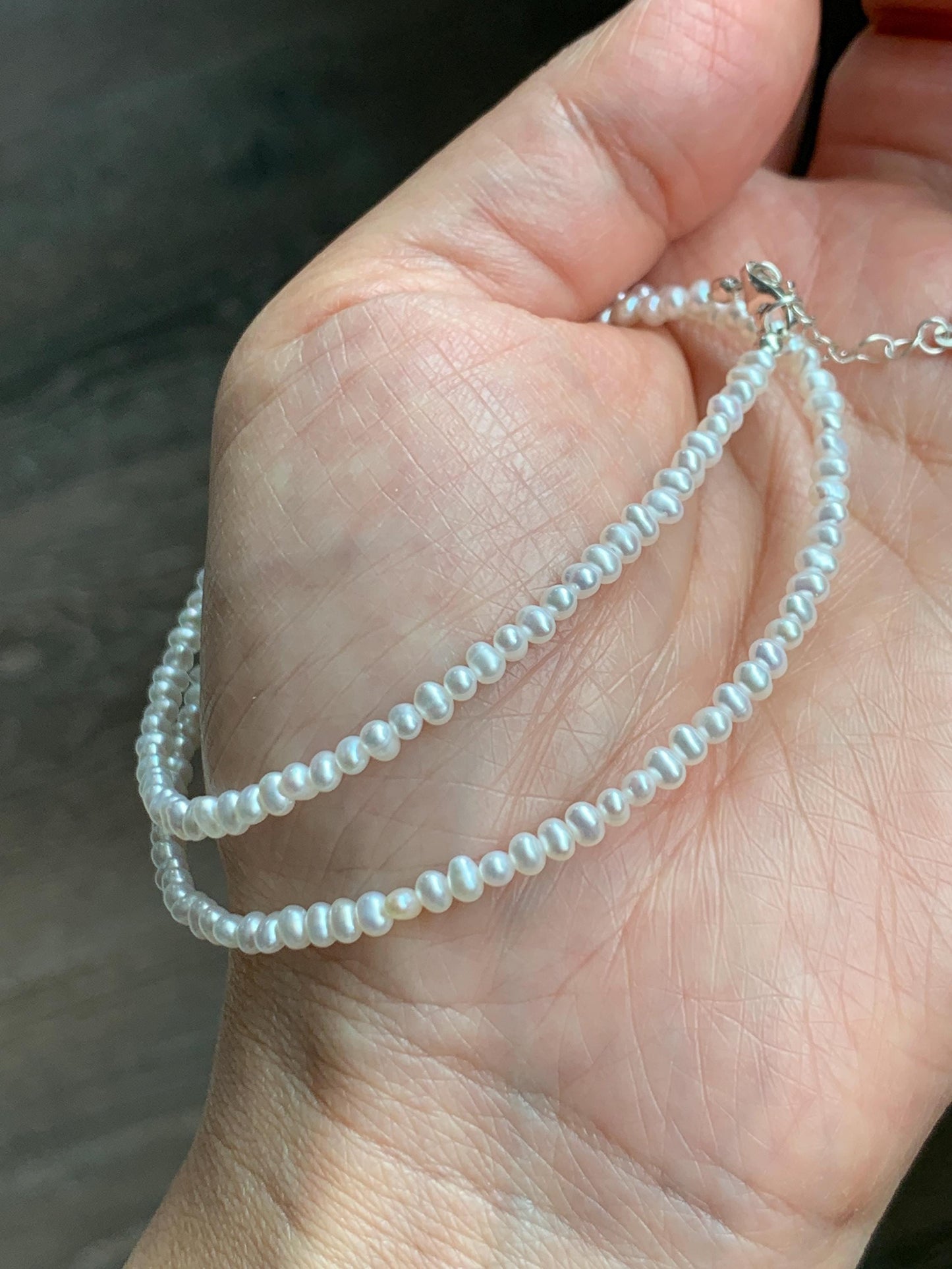 Natural Freshwater All-Nacre High Luster White Petite Pearls Beaded Necklace Sterling Silver 2.6x3.5mm 15.75”-16.5” 6g 天然淡水无核极光白珍珠项链 DSM420