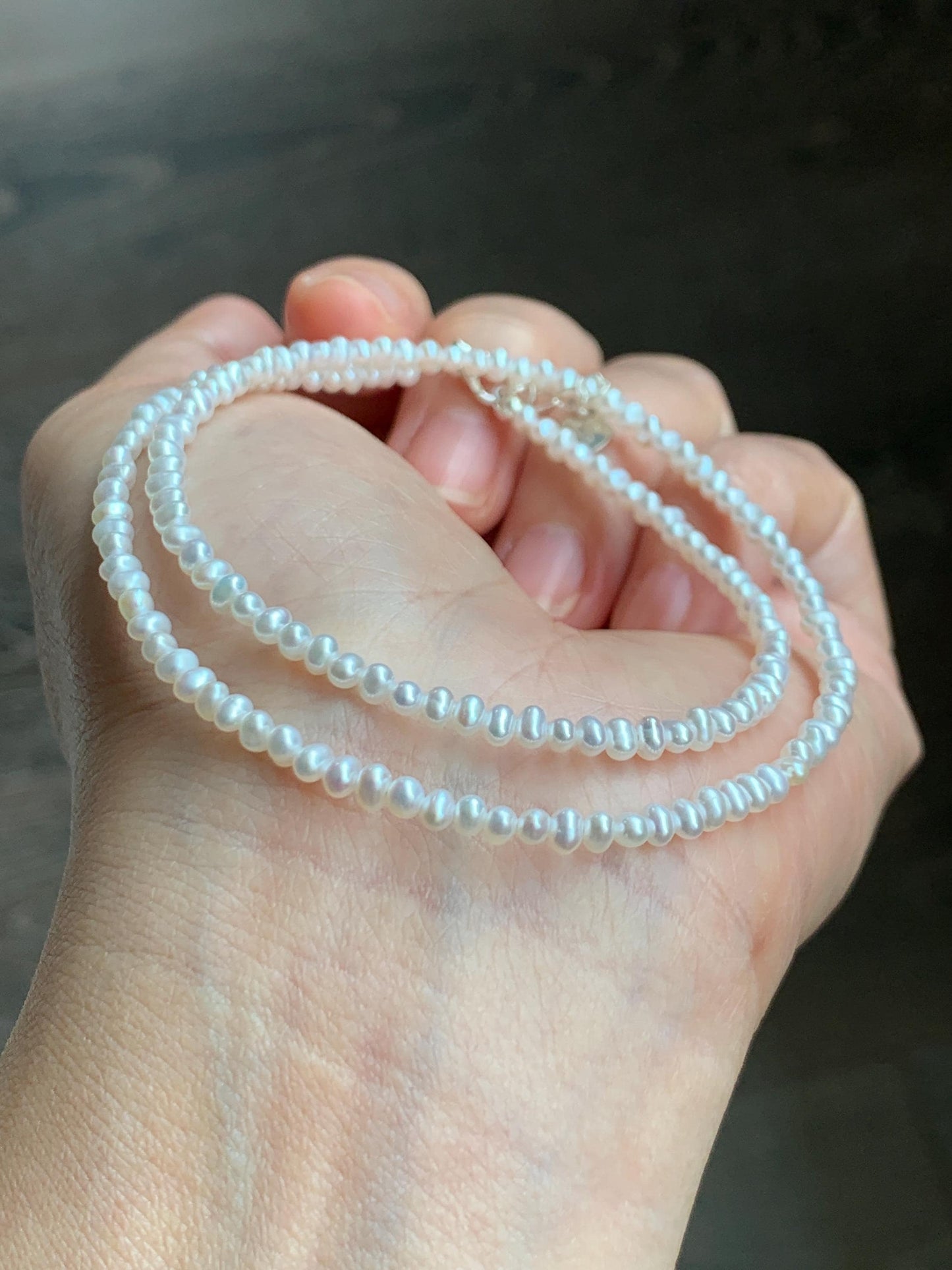Natural Freshwater All-Nacre High Luster White Petite Pearls Beaded Necklace Sterling Silver 2.6x3.5mm 15.75”-16.5” 6g 天然淡水无核极光白珍珠项链 DSM420