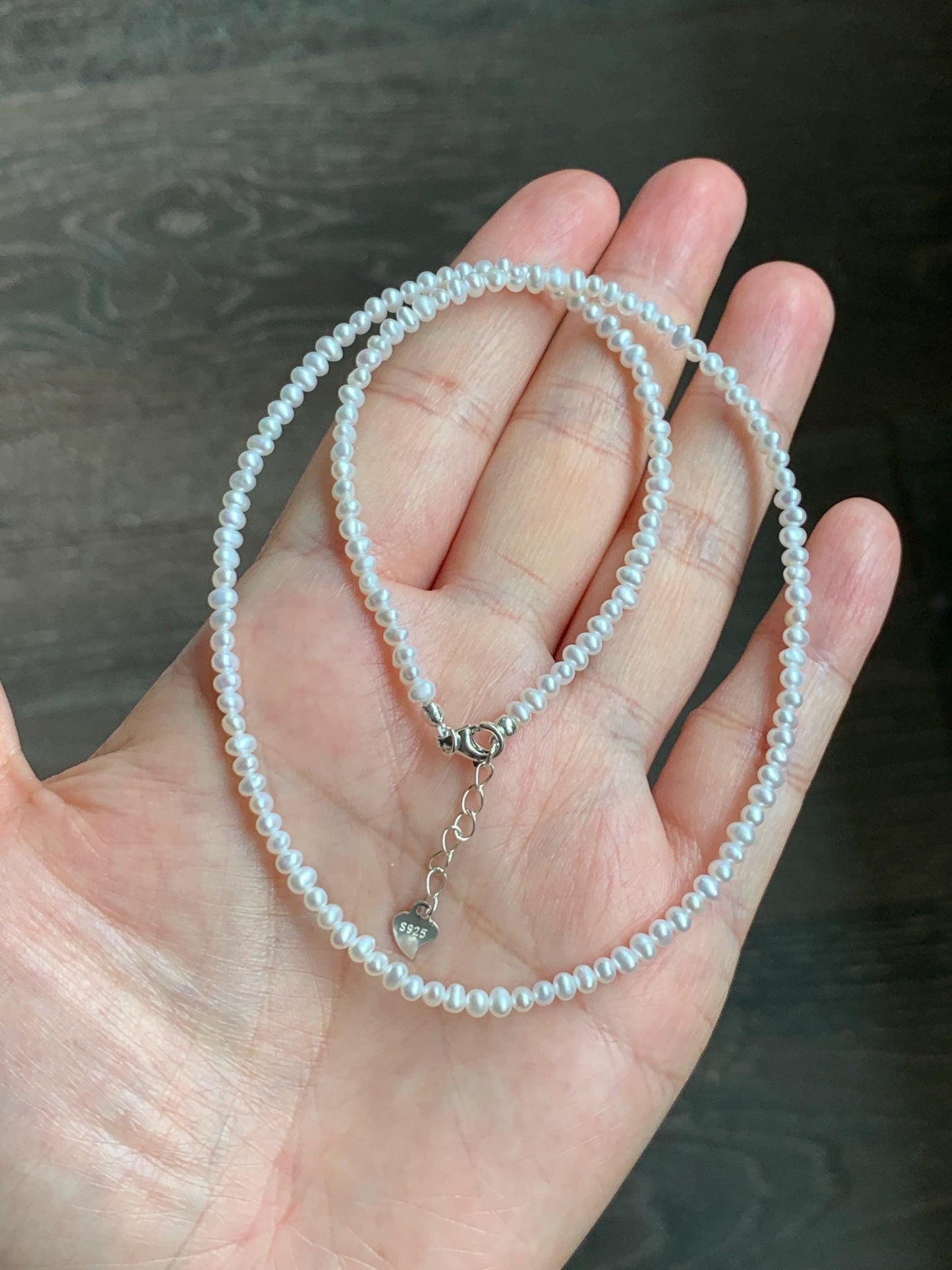 Natural Freshwater All-Nacre High Luster White Petite Pearls Beaded Necklace Sterling Silver 2.6x3.5mm 15.75”-16.5” 6g 天然淡水无核极光白珍珠项链 DSM420