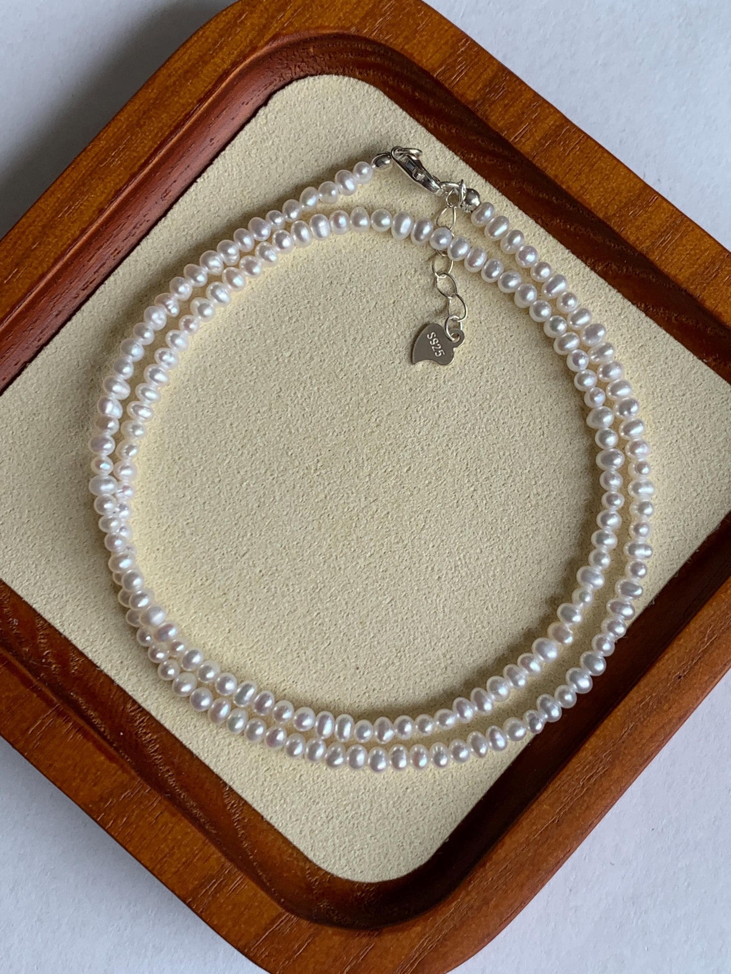 Natural Freshwater All-Nacre High Luster White Petite Pearls Beaded Necklace Sterling Silver 2.6x3.5mm 15.75”-16.5” 6g 天然淡水无核极光白珍珠项链 DSM420