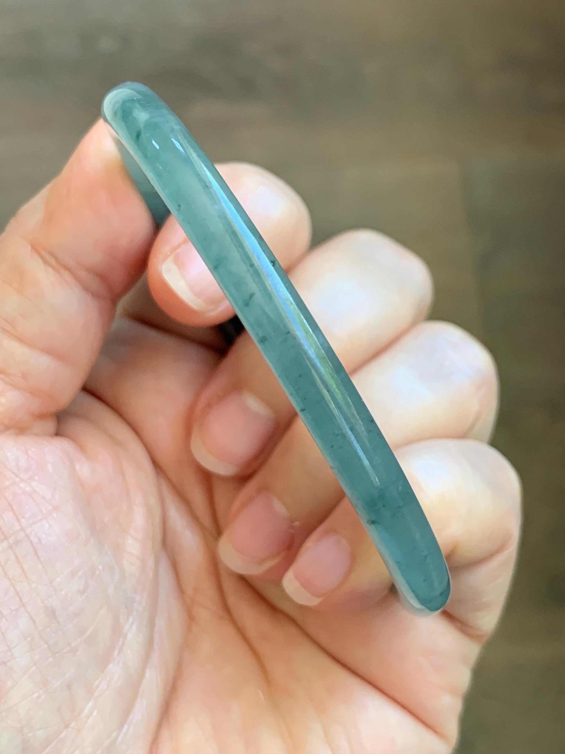 Certified Natural Grade A Guatemalan Icy Translucent Dusty Teal Green Jade Jadeite Slim Bangle 61.85mm 7.65” 21g 天然冰胶危蓝绿翡翠细圆条手镯 1221