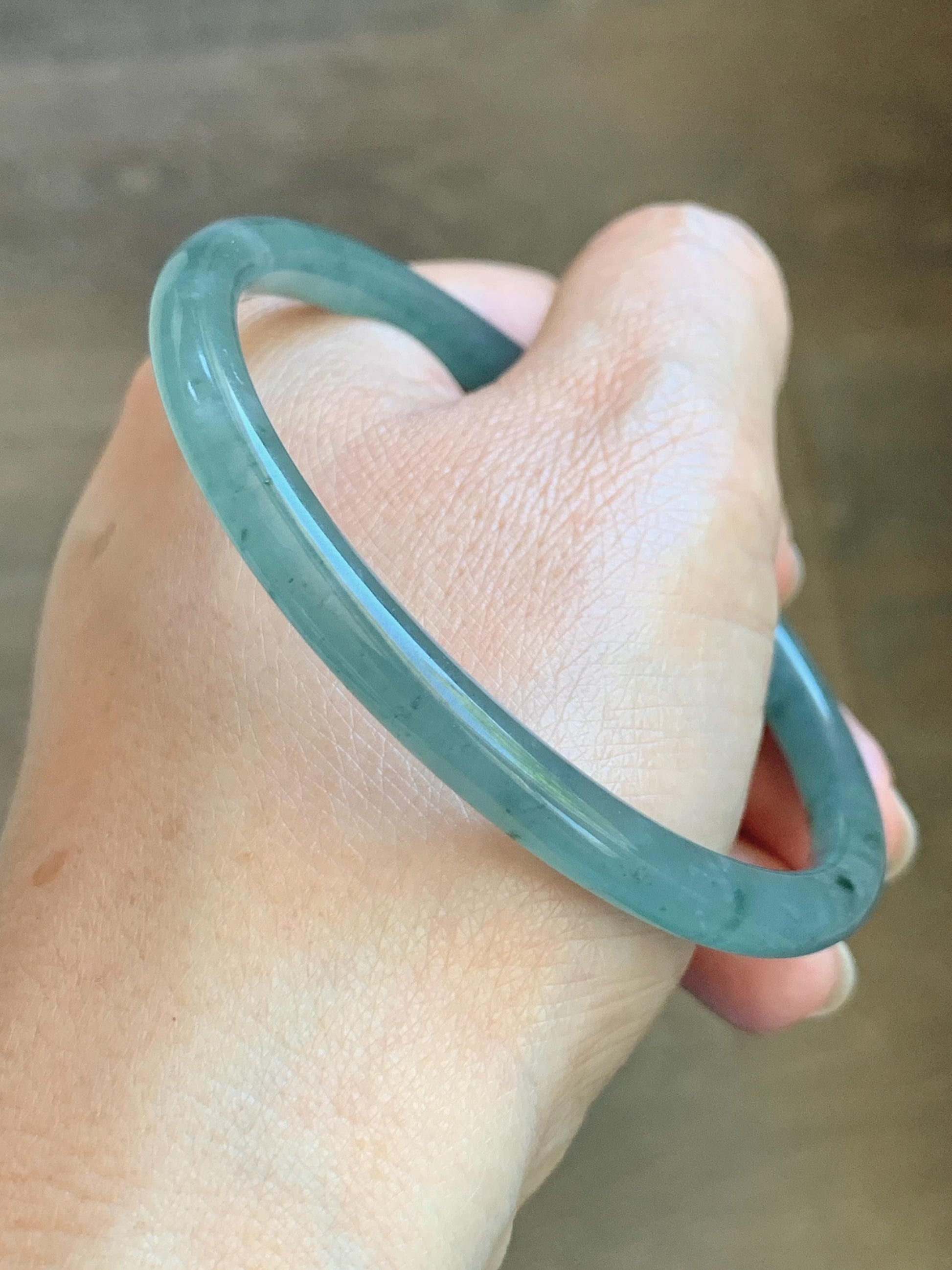 Certified Natural Grade A Guatemalan Icy Translucent Dusty Teal Green Jade Jadeite Slim Bangle 61.85mm 7.65” 21g 天然冰胶危蓝绿翡翠细圆条手镯 1221