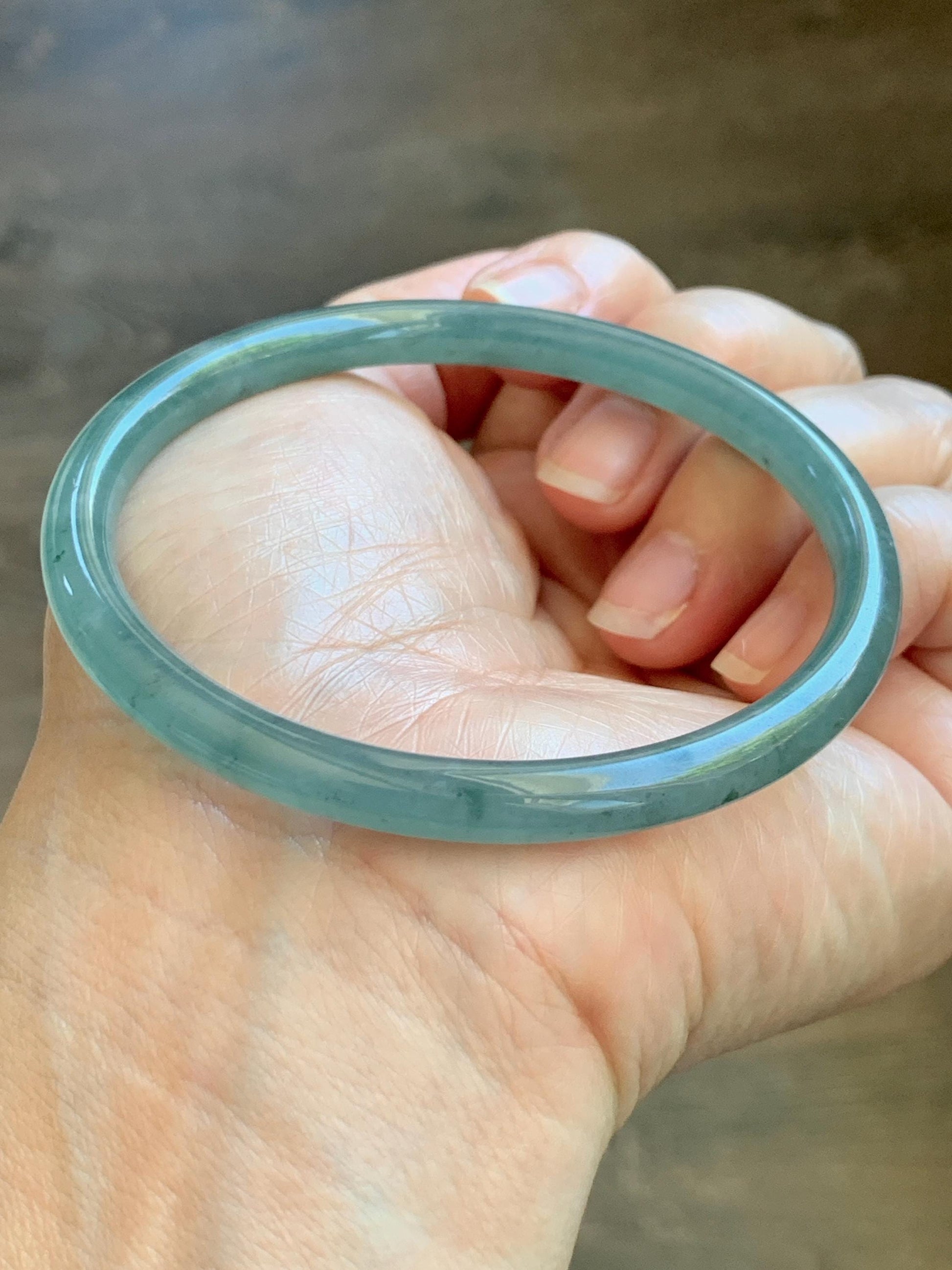 Certified Natural Grade A Guatemalan Icy Translucent Dusty Teal Green Jade Jadeite Slim Bangle 61.85mm 7.65” 21g 天然冰胶危蓝绿翡翠细圆条手镯 1221