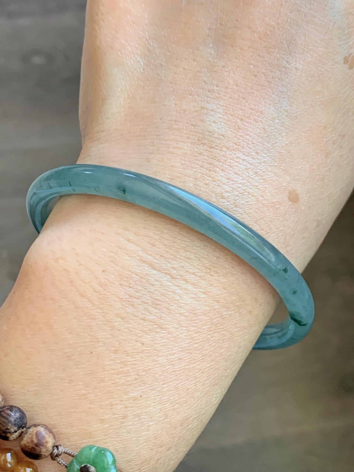 Certified Natural Grade A Guatemalan Icy Translucent Dusty Teal Green Jade Jadeite Slim Bangle 61.85mm 7.65” 21g 天然冰胶危蓝绿翡翠细圆条手镯 1221