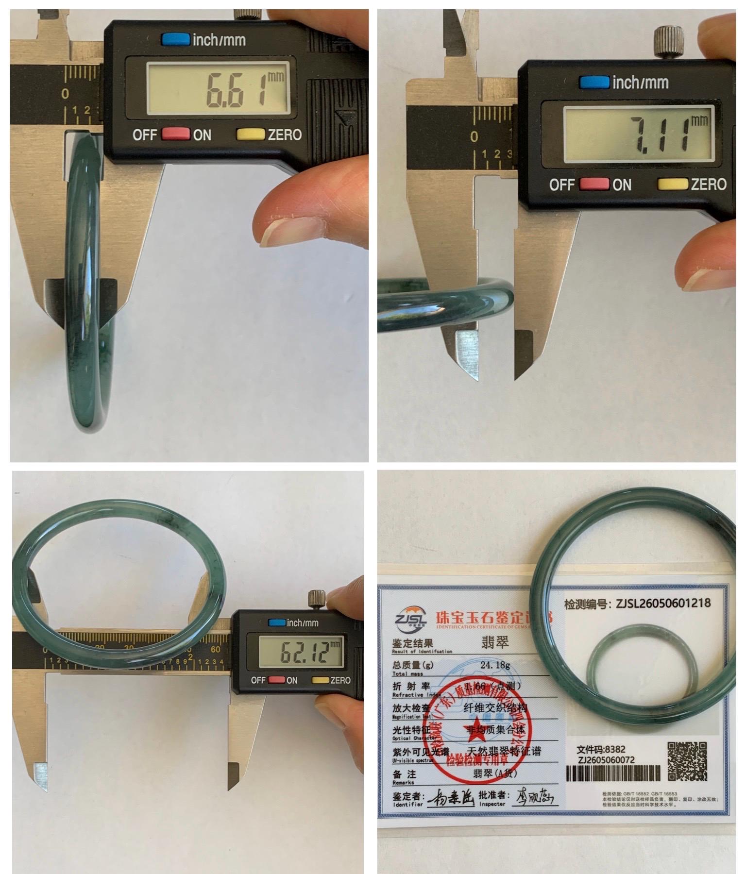 Certified Natural Grade A Guatemalan Icy Translucent Dusty Teal Green Jade Jadeite Slim Bangle 62.12mm 7.68” 24g 天然冰胶危蓝绿翡翠细圆条手镯 1218