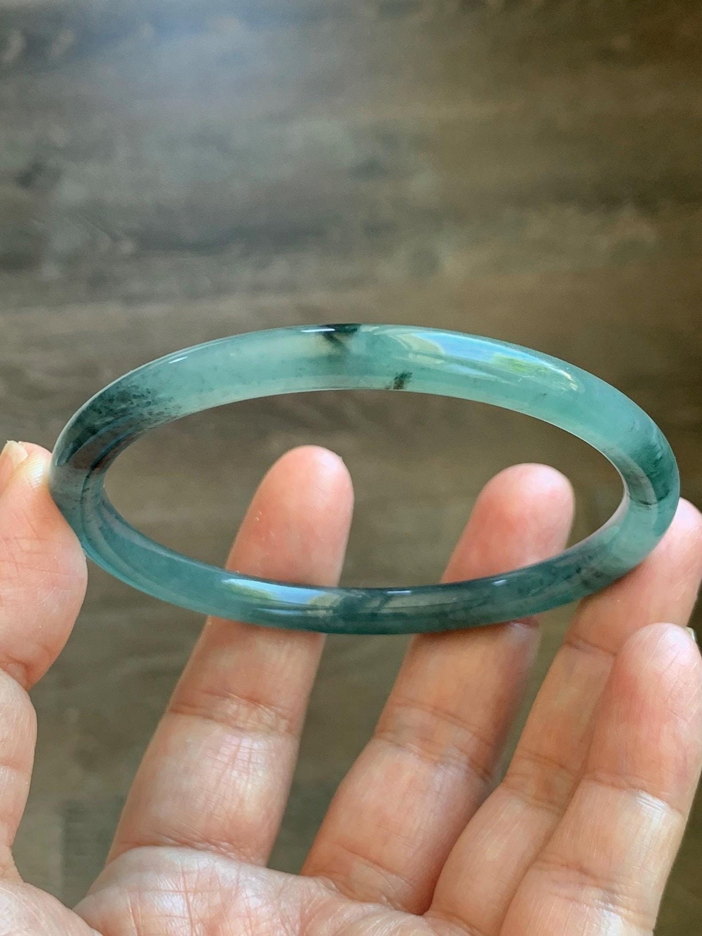 Certified Natural Grade A Guatemalan Icy Translucent Dusty Teal Green Jade Jadeite Slim Bangle 62.12mm 7.68” 24g 天然冰胶危蓝绿翡翠细圆条手镯 1218