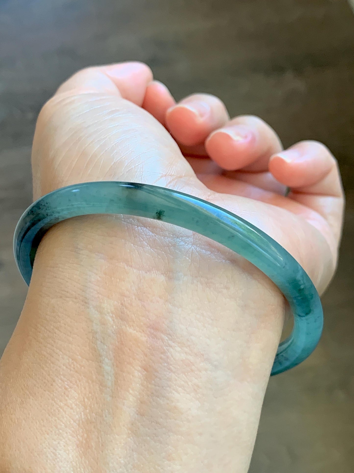 Certified Natural Grade A Guatemalan Icy Translucent Dusty Teal Green Jade Jadeite Slim Bangle 62.12mm 7.68” 24g 天然冰胶危蓝绿翡翠细圆条手镯 1218