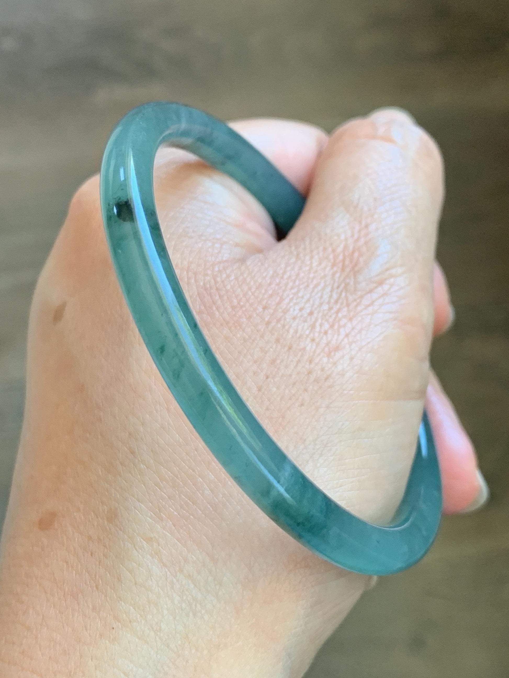 Certified Natural Grade A Guatemalan Icy Translucent Dusty Teal Green Jade Jadeite Slim Bangle 62.12mm 7.68” 24g 天然冰胶危蓝绿翡翠细圆条手镯 1218