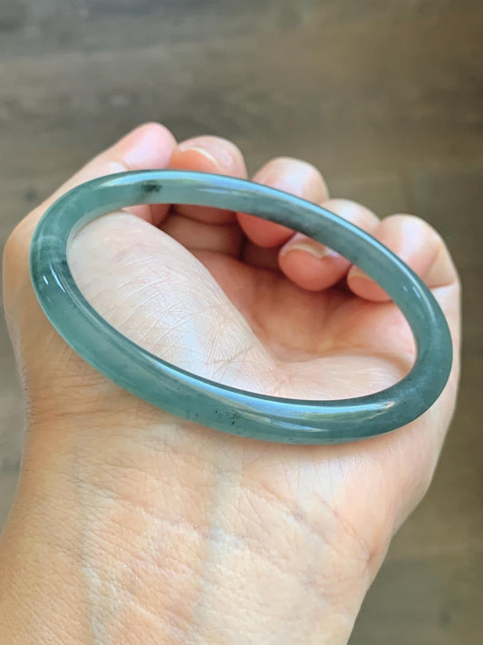 Certified Natural Grade A Guatemalan Icy Translucent Dusty Teal Green Jade Jadeite Slim Bangle 62.12mm 7.68” 24g 天然冰胶危蓝绿翡翠细圆条手镯 1218
