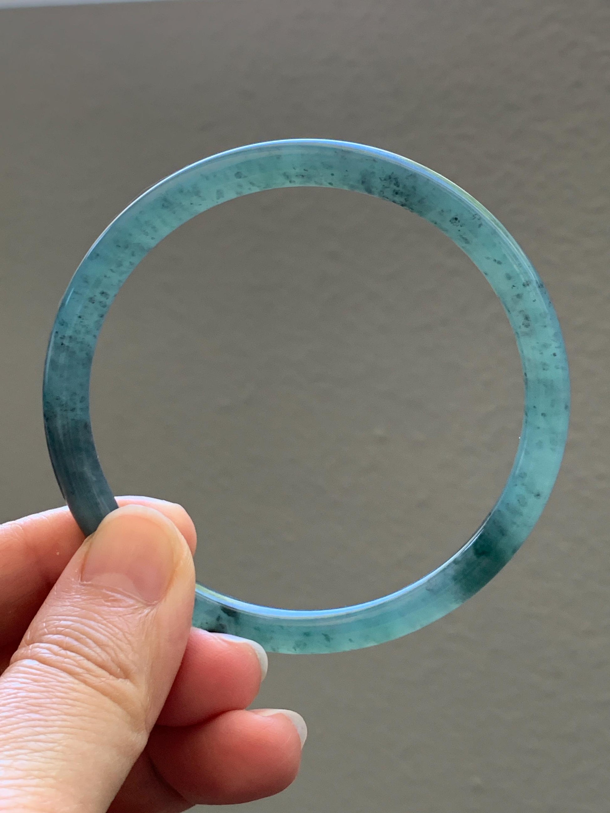 Certified Natural Grade A Guatemalan Icy Translucent Dusty Teal Green Jade Jadeite Slim Bangle 62.12mm 7.68” 24g 天然冰胶危蓝绿翡翠细圆条手镯 1218