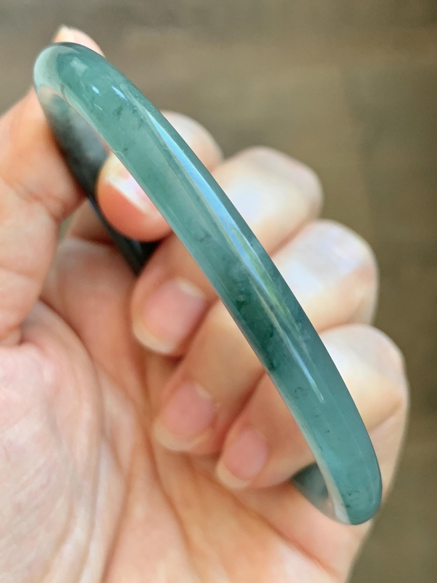 Certified Natural Grade A Guatemalan Icy Translucent Dusty Teal Green Jade Jadeite Slim Bangle 62.12mm 7.68” 24g 天然冰胶危蓝绿翡翠细圆条手镯 1218
