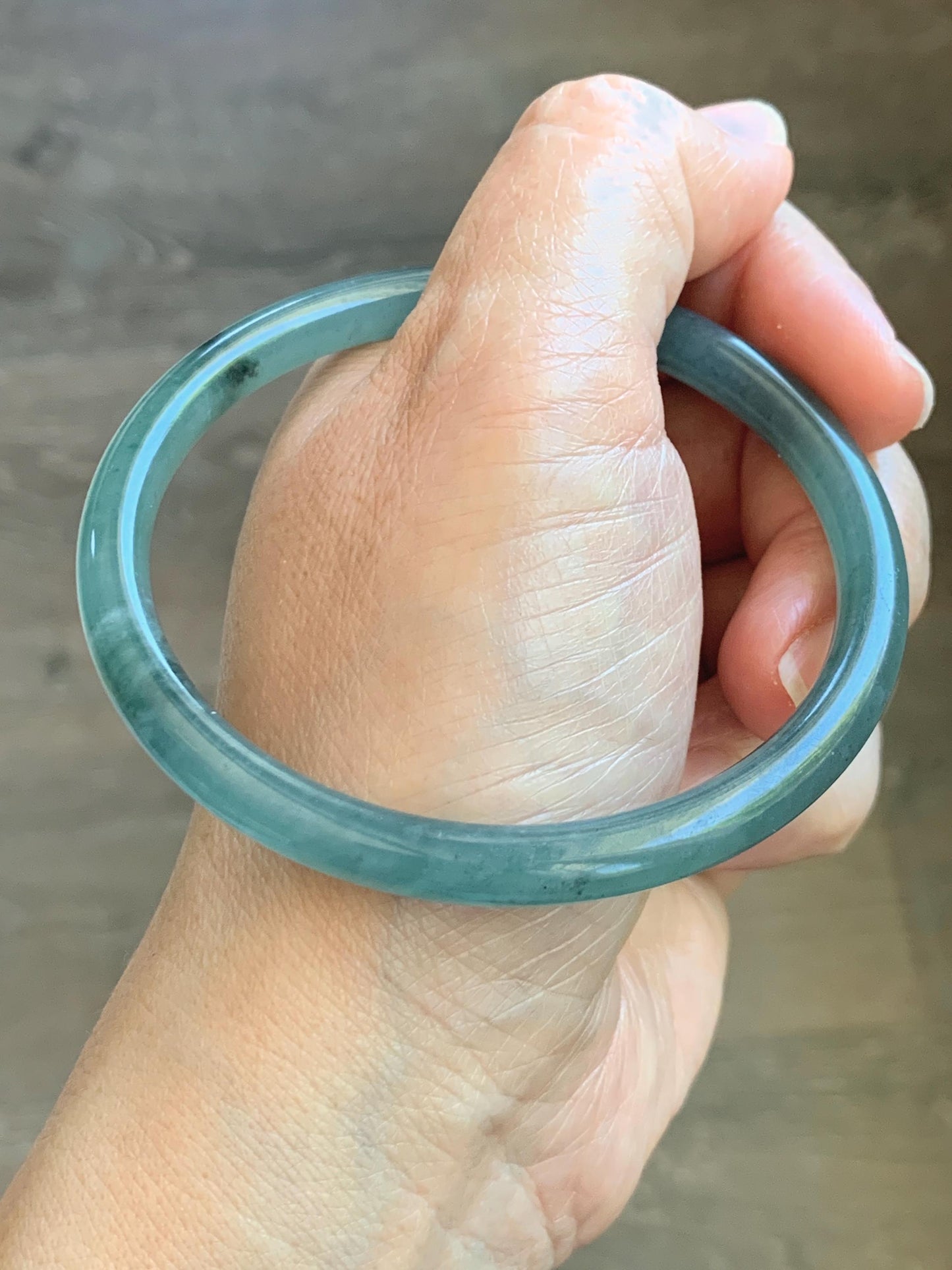 Certified Natural Grade A Guatemalan Icy Translucent Dusty Teal Green Jade Jadeite Slim Bangle 62.12mm 7.68” 24g 天然冰胶危蓝绿翡翠细圆条手镯 1218