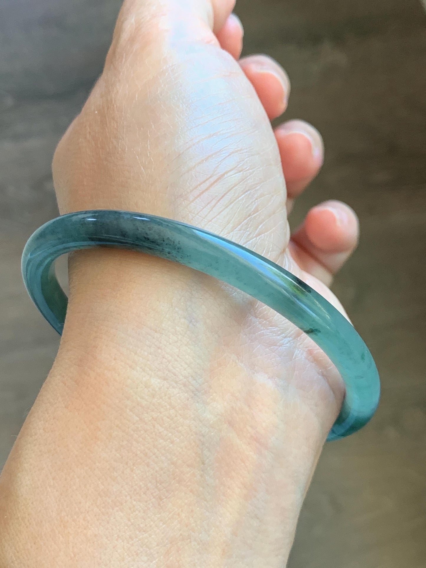 Certified Natural Grade A Guatemalan Icy Translucent Dusty Teal Green Jade Jadeite Slim Bangle 62.12mm 7.68” 24g 天然冰胶危蓝绿翡翠细圆条手镯 1218