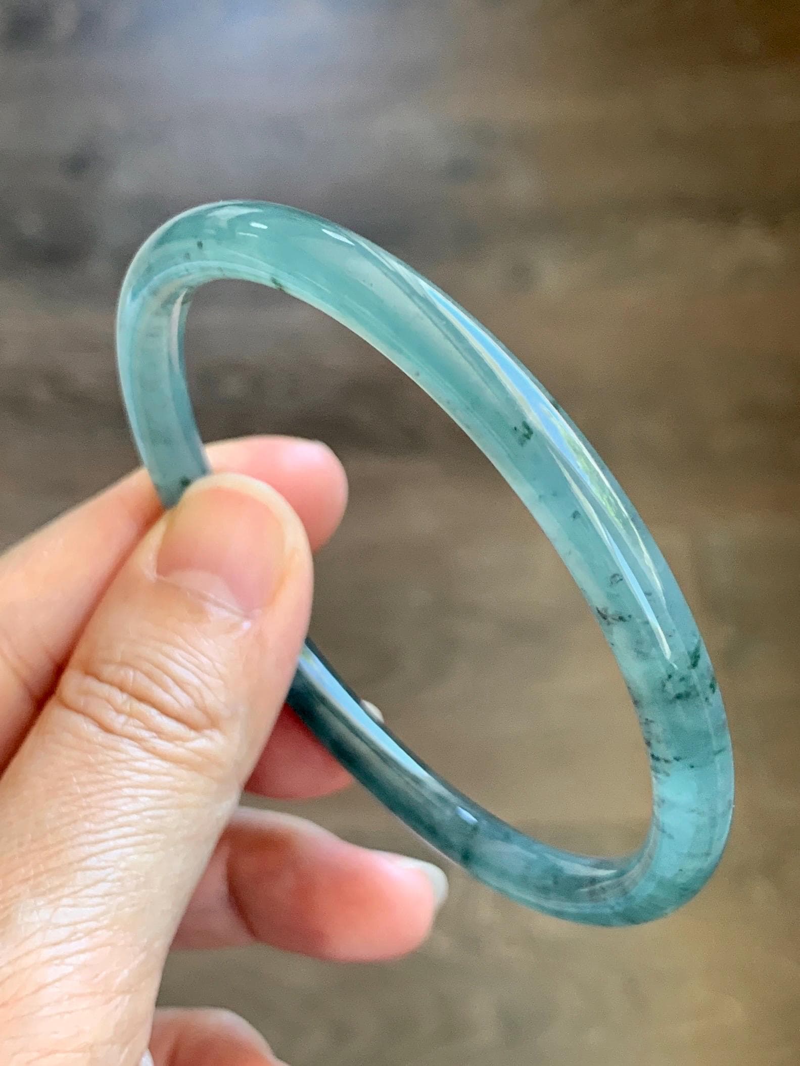 Certified Natural Grade A Guatemalan Icy Translucent Dusty Teal Green Jade Jadeite Slim Bangle 61.75mm 7.63” 21.4g 天然冰胶危蓝绿翡翠细圆条手镯 1222