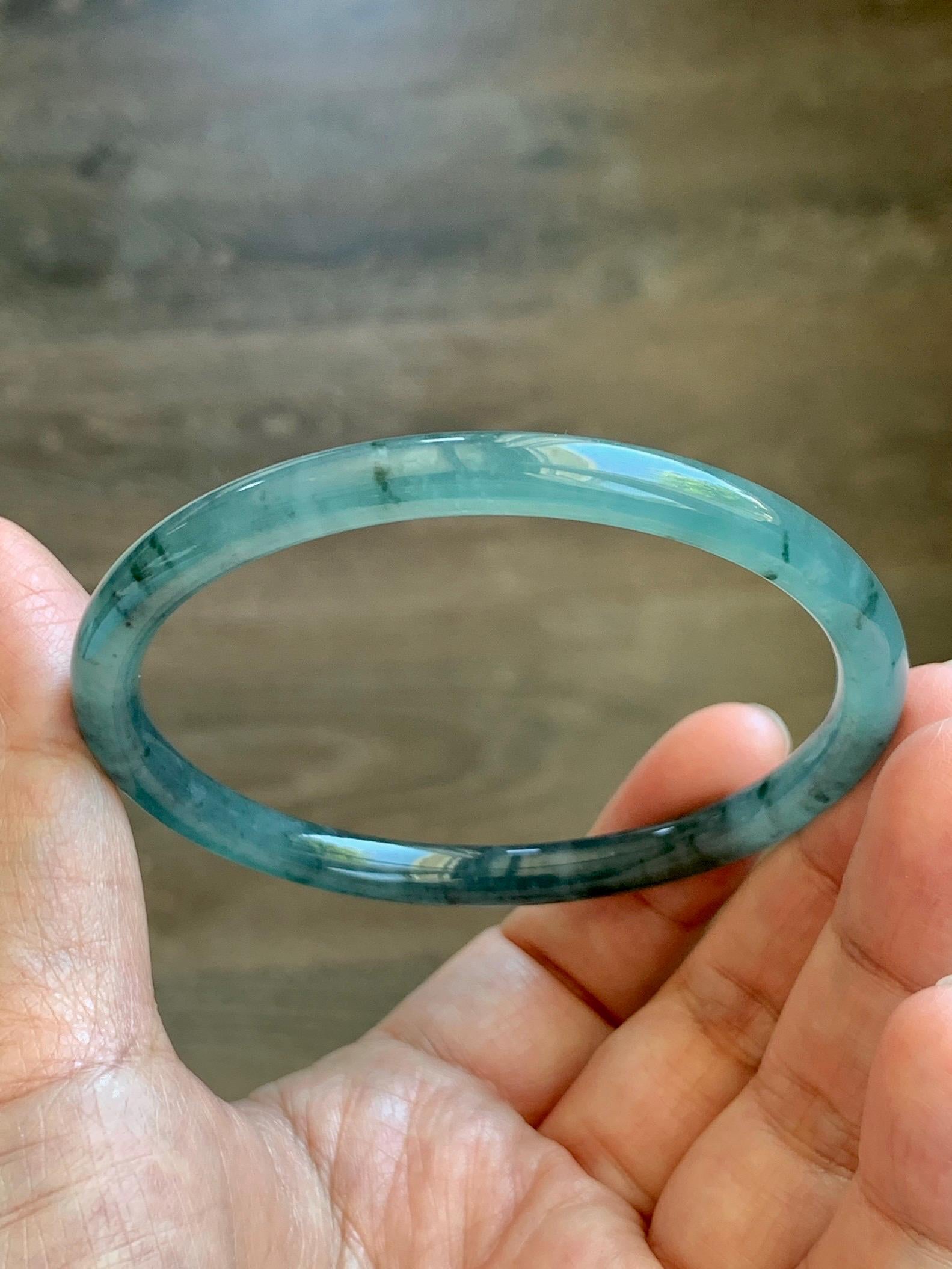 Certified Natural Grade A Guatemalan Icy Translucent Dusty Teal Green Jade Jadeite Slim Bangle 61.75mm 7.63” 21.4g 天然冰胶危蓝绿翡翠细圆条手镯 1222