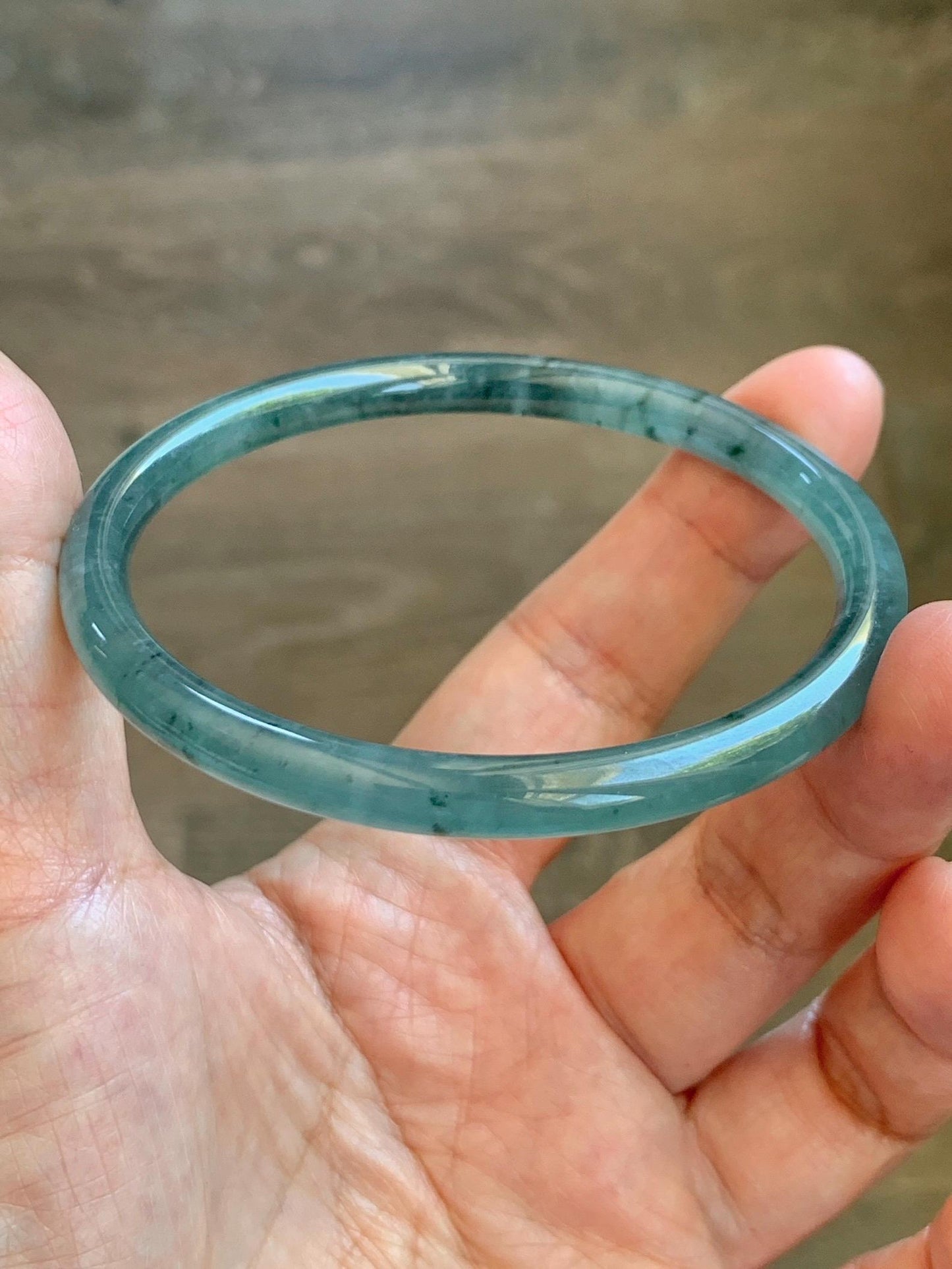 Certified Natural Grade A Guatemalan Icy Translucent Dusty Teal Green Jade Jadeite Slim Bangle 61.75mm 7.63” 21.4g 天然冰胶危蓝绿翡翠细圆条手镯 1222