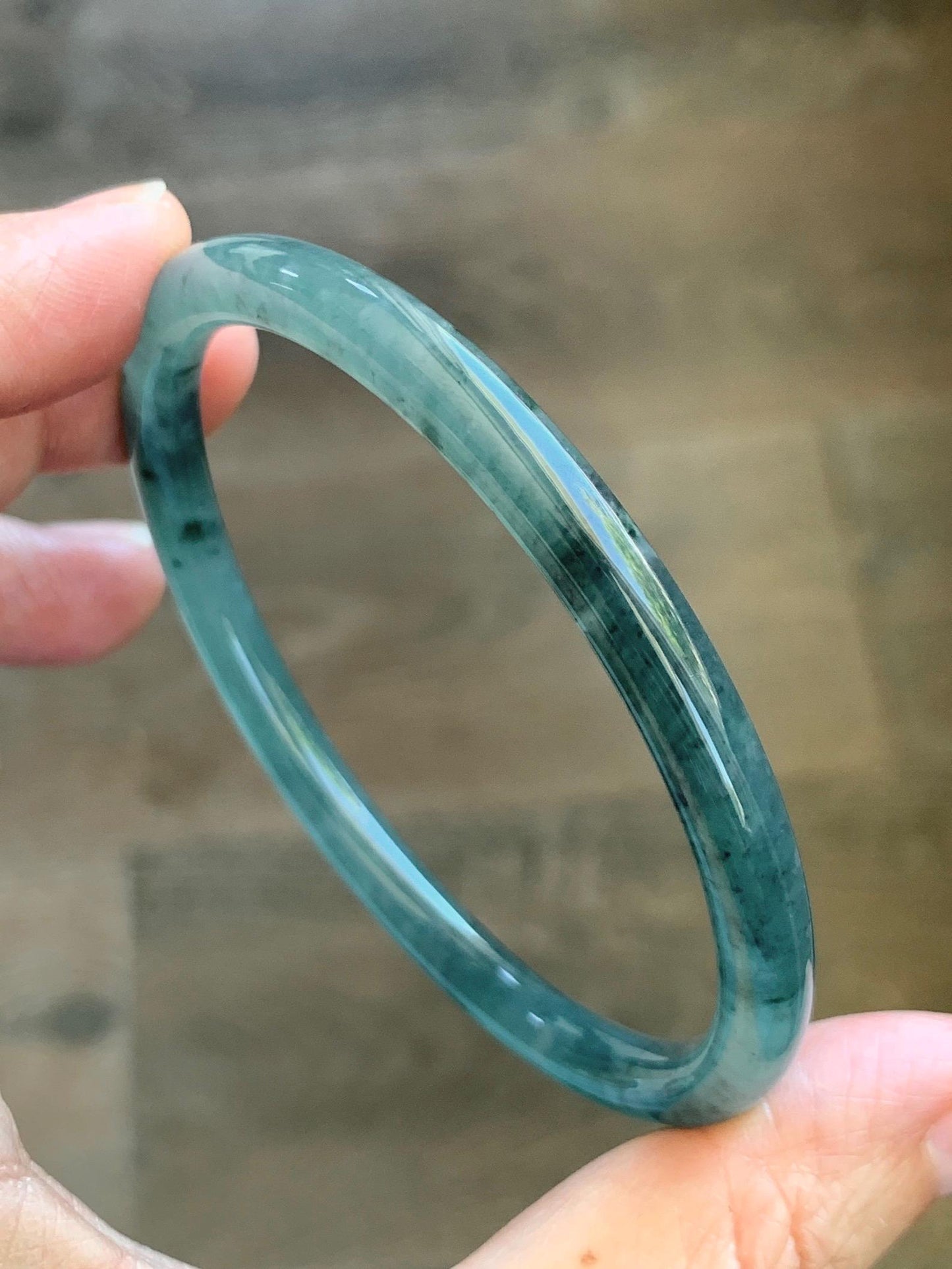 Certified Natural Grade A Guatemalan Icy Translucent Dusty Teal Green Jade Jadeite Slim Bangle 61.75mm 7.63” 21.4g 天然冰胶危蓝绿翡翠细圆条手镯 1222