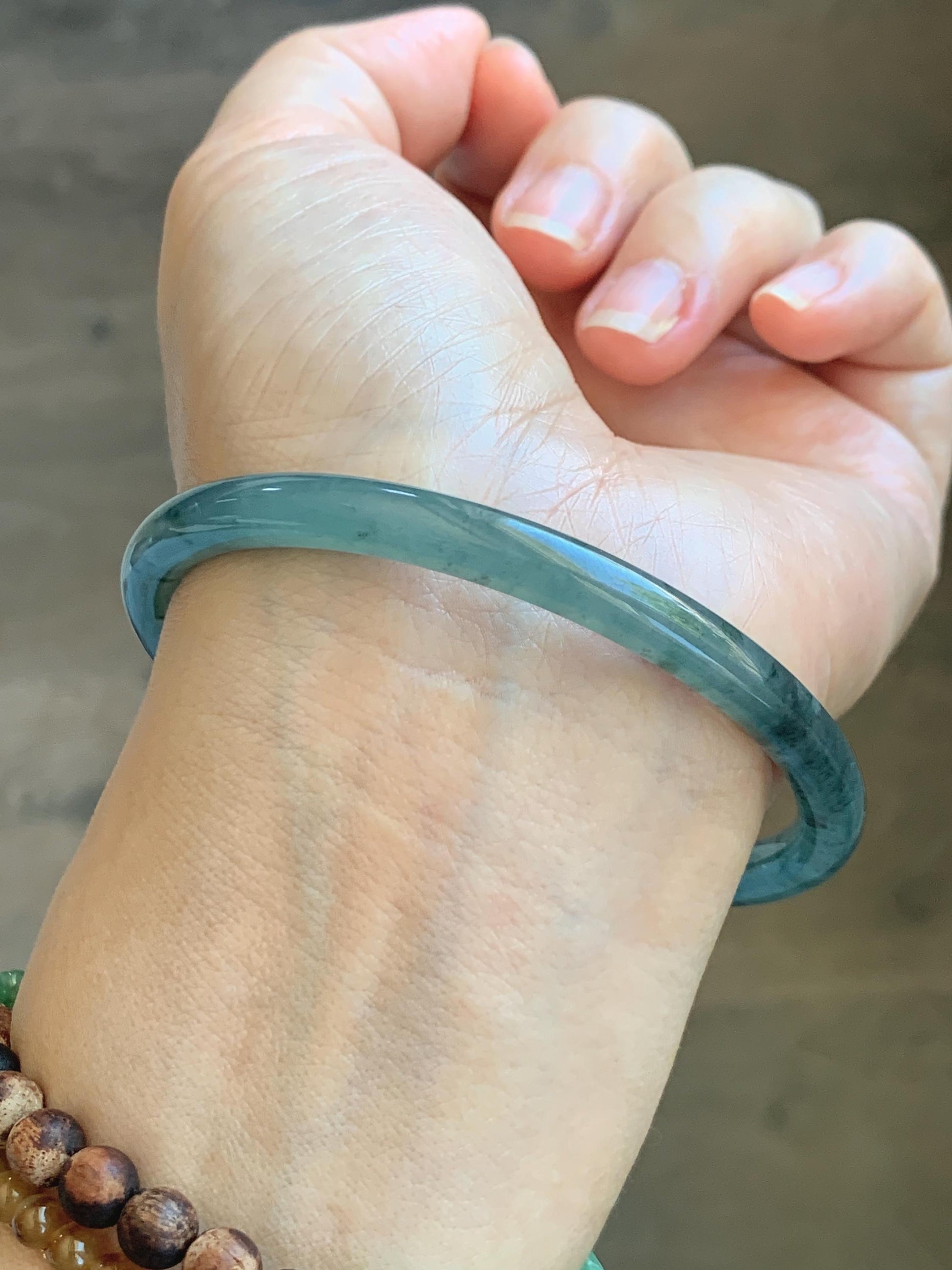 Certified Natural Grade A Guatemalan Icy Translucent Dusty Teal Green Jade Jadeite Slim Bangle 61.75mm 7.63” 21.4g 天然冰胶危蓝绿翡翠细圆条手镯 1222
