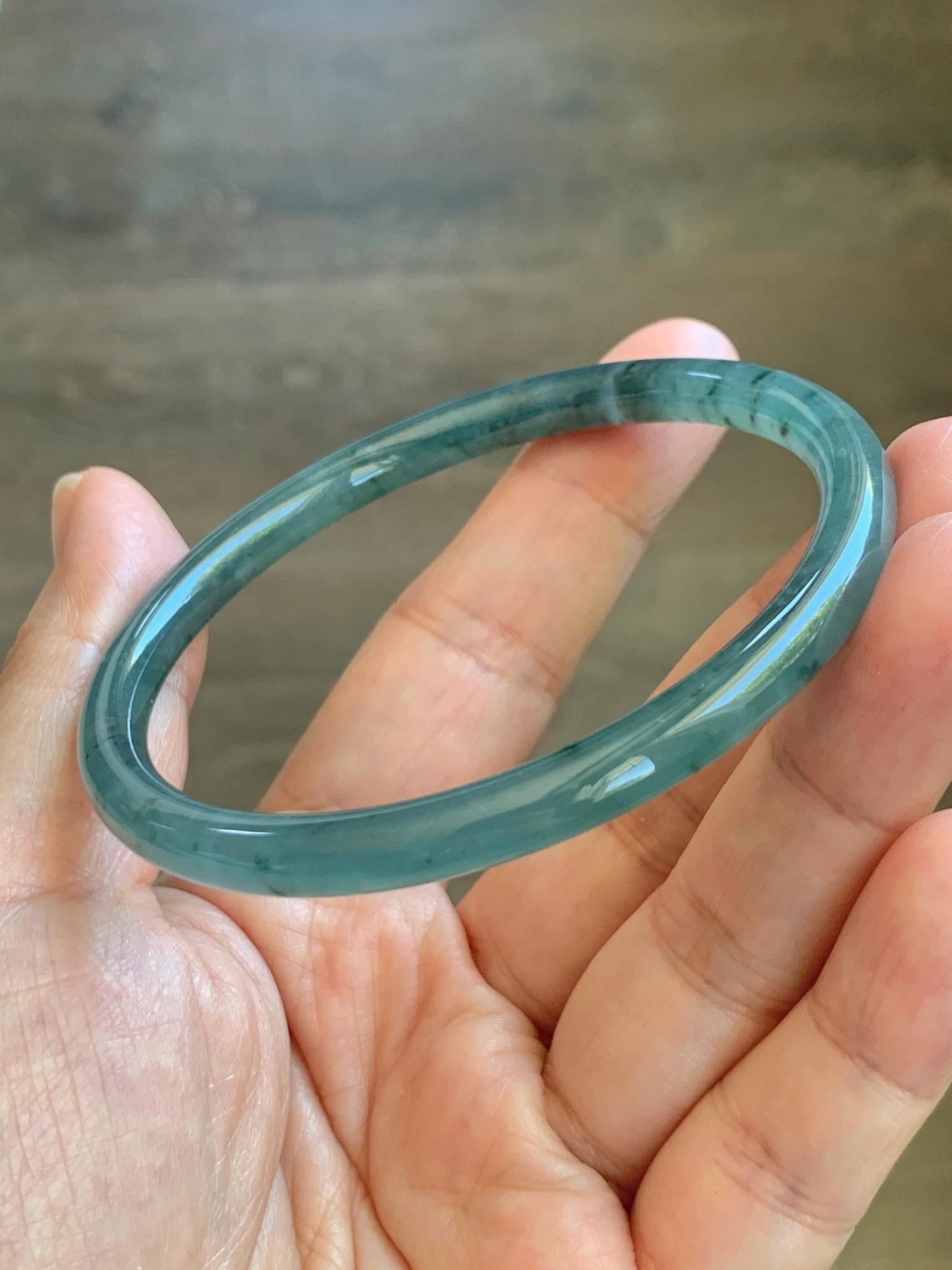 Certified Natural Grade A Guatemalan Icy Translucent Dusty Teal Green Jade Jadeite Slim Bangle 61.75mm 7.63” 21.4g 天然冰胶危蓝绿翡翠细圆条手镯 1222