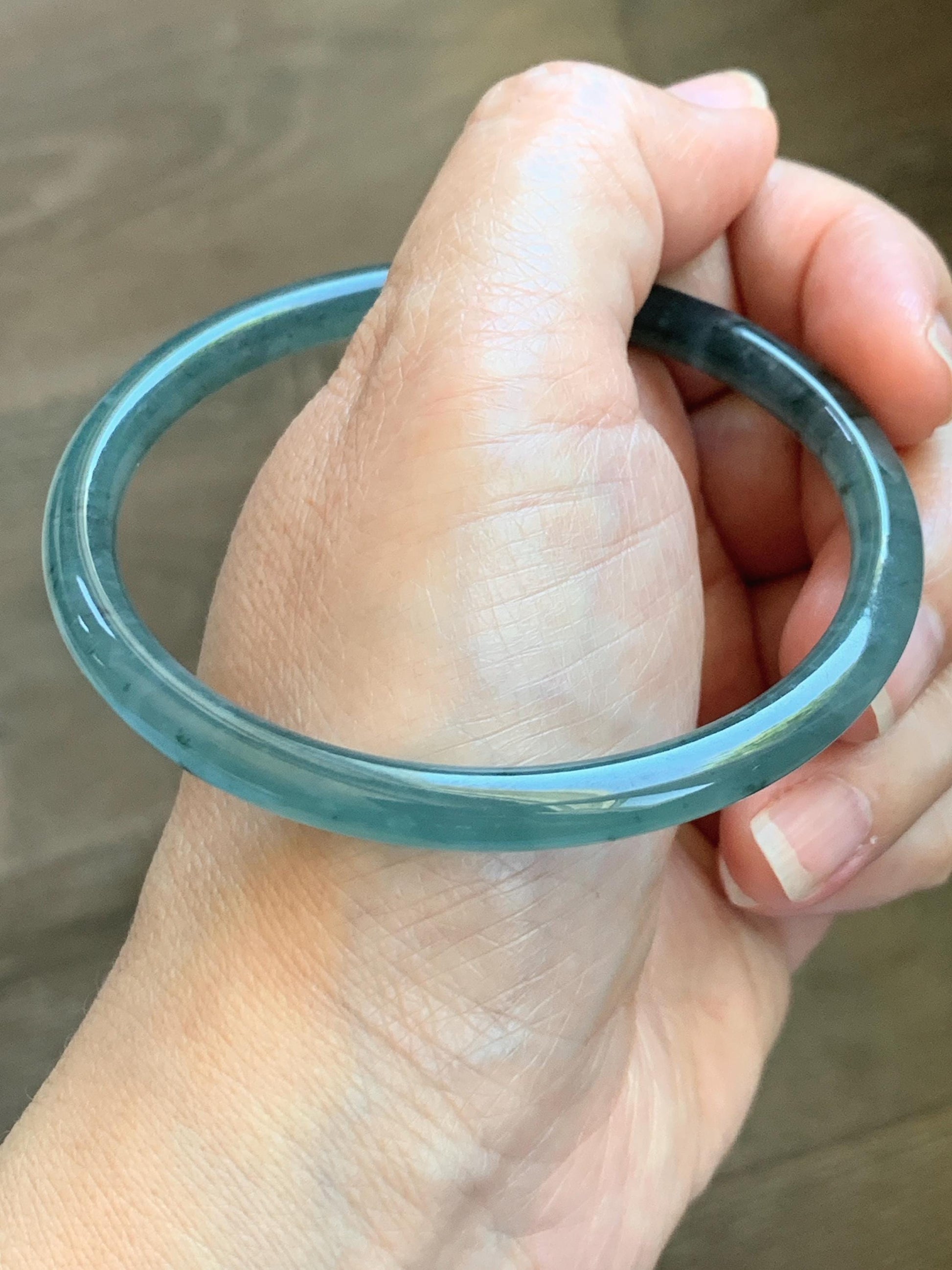 Certified Natural Grade A Guatemalan Icy Translucent Dusty Teal Green Jade Jadeite Slim Bangle 61.75mm 7.63” 21.4g 天然冰胶危蓝绿翡翠细圆条手镯 1222