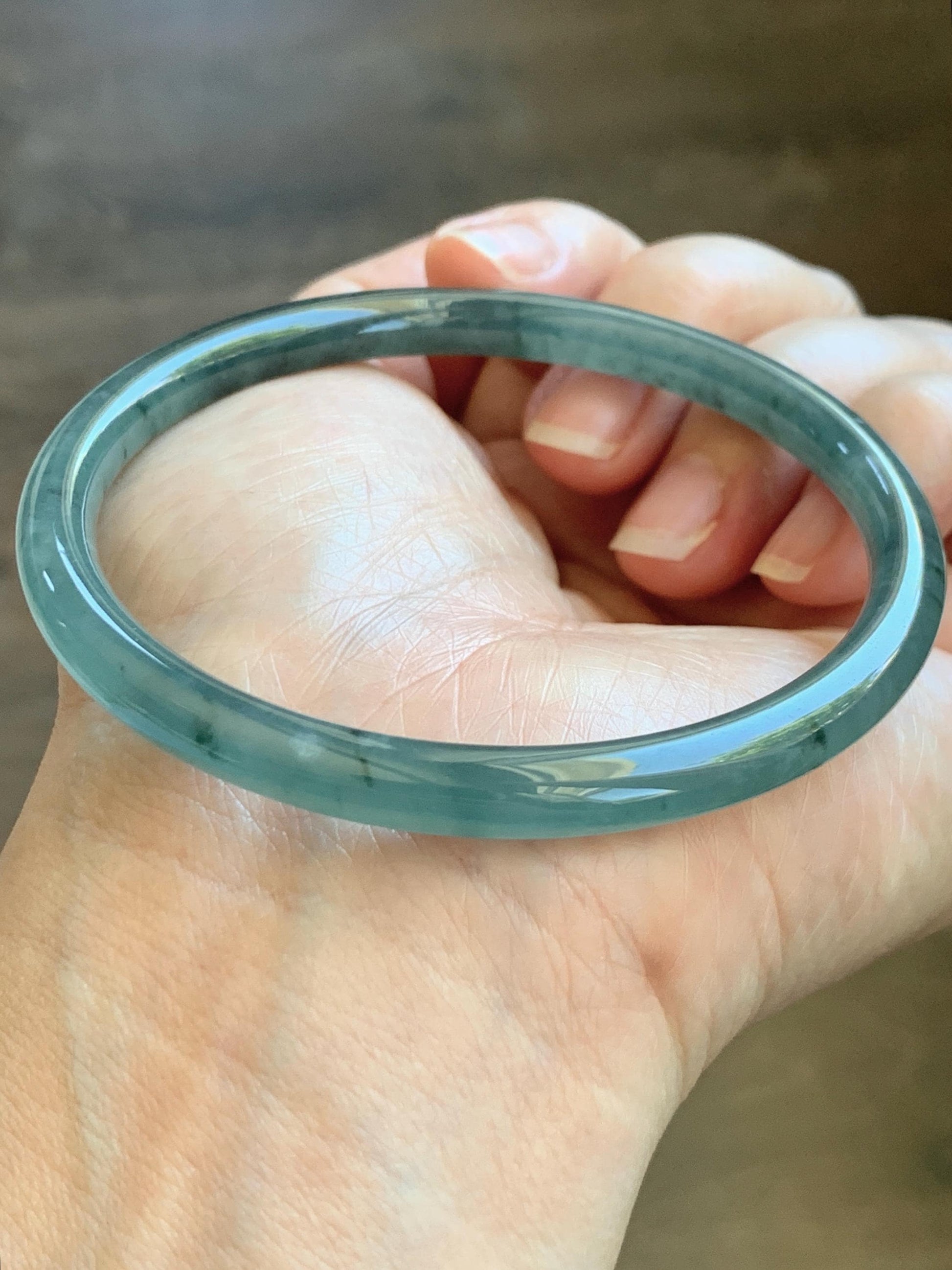 Certified Natural Grade A Guatemalan Icy Translucent Dusty Teal Green Jade Jadeite Slim Bangle 61.75mm 7.63” 21.4g 天然冰胶危蓝绿翡翠细圆条手镯 1222