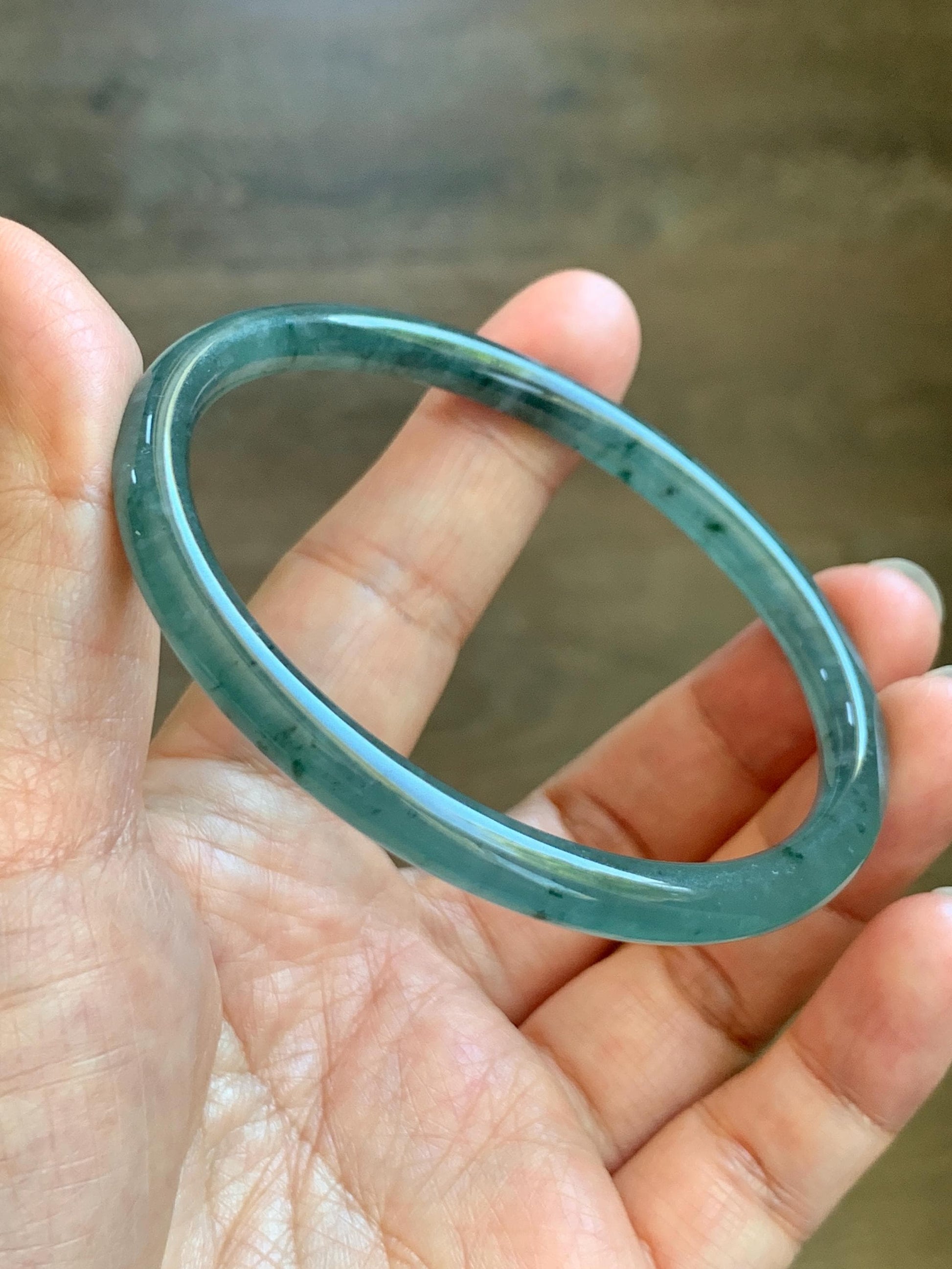 Certified Natural Grade A Guatemalan Icy Translucent Dusty Teal Green Jade Jadeite Slim Bangle 61.75mm 7.63” 21.4g 天然冰胶危蓝绿翡翠细圆条手镯 1222