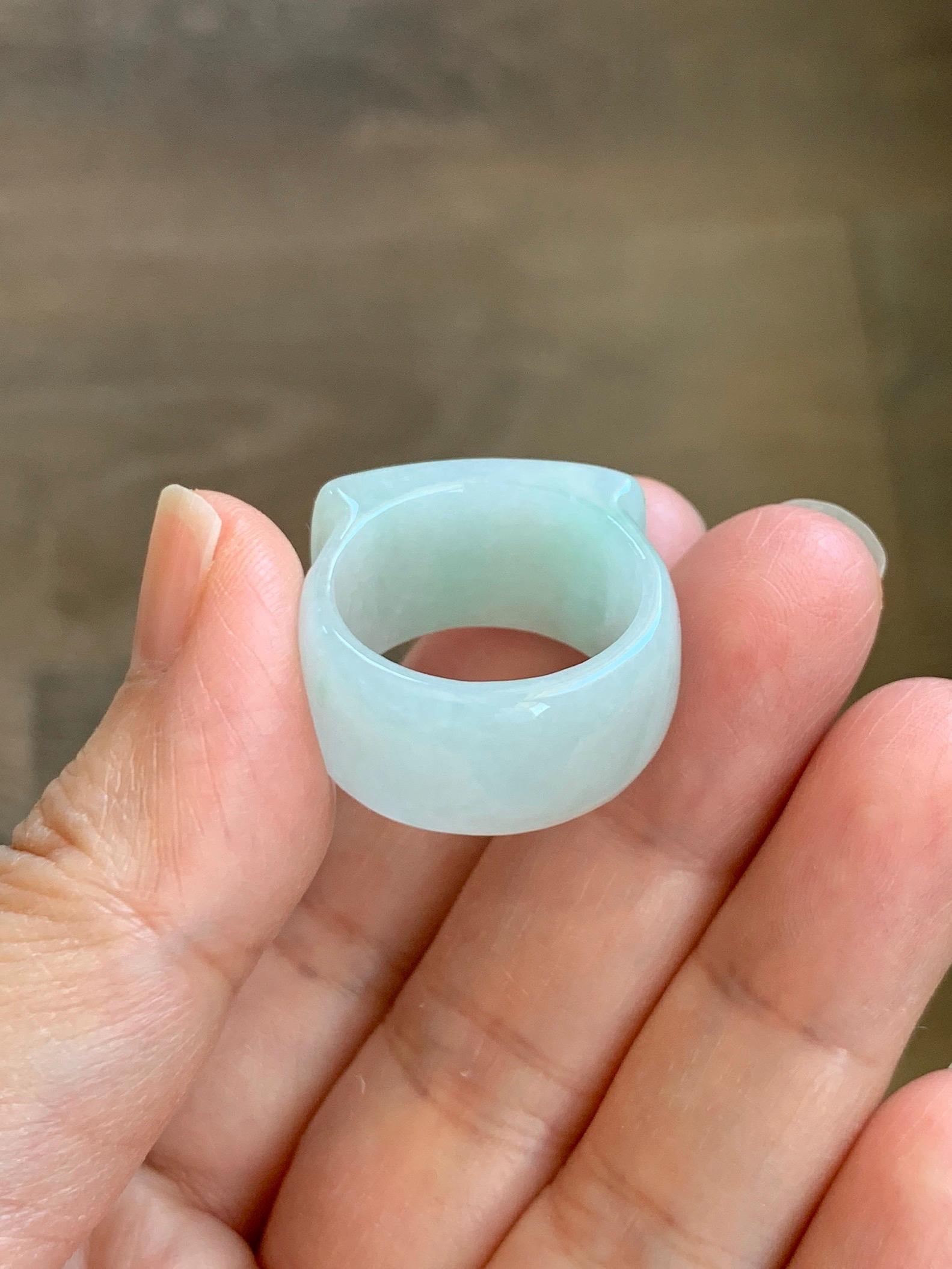 Natural Grade A Icy Translucent Pale Green White Jade Jadeite Wide Banzhi Band Ring Size 9 US 9g 天然冰细糯晴底翡翠扳指戒圈 MBZ55