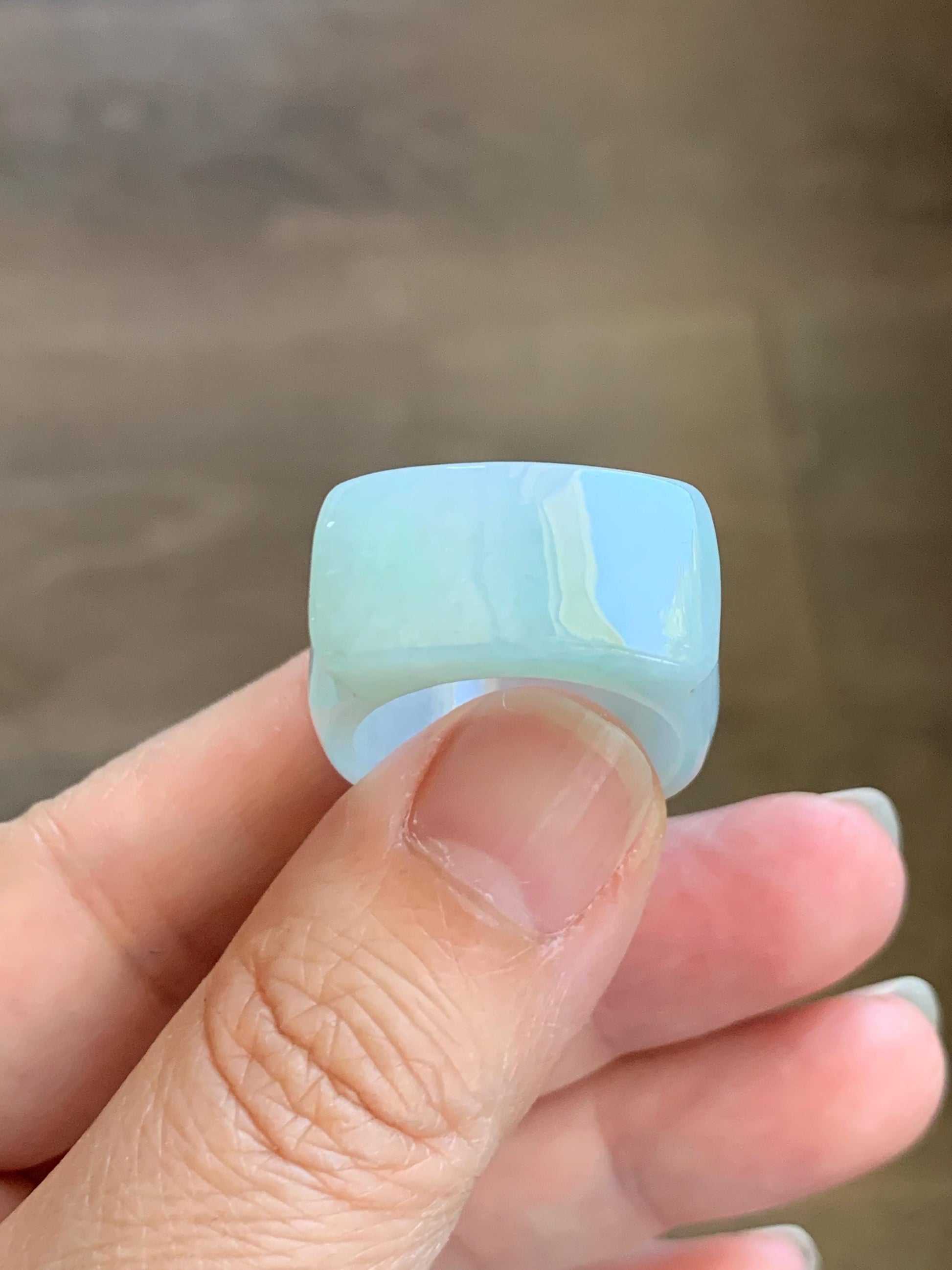Natural Grade A Icy Translucent Pale Green White Jade Jadeite Wide Banzhi Band Ring Size 9 US 9g 天然冰细糯晴底翡翠扳指戒圈 MBZ55
