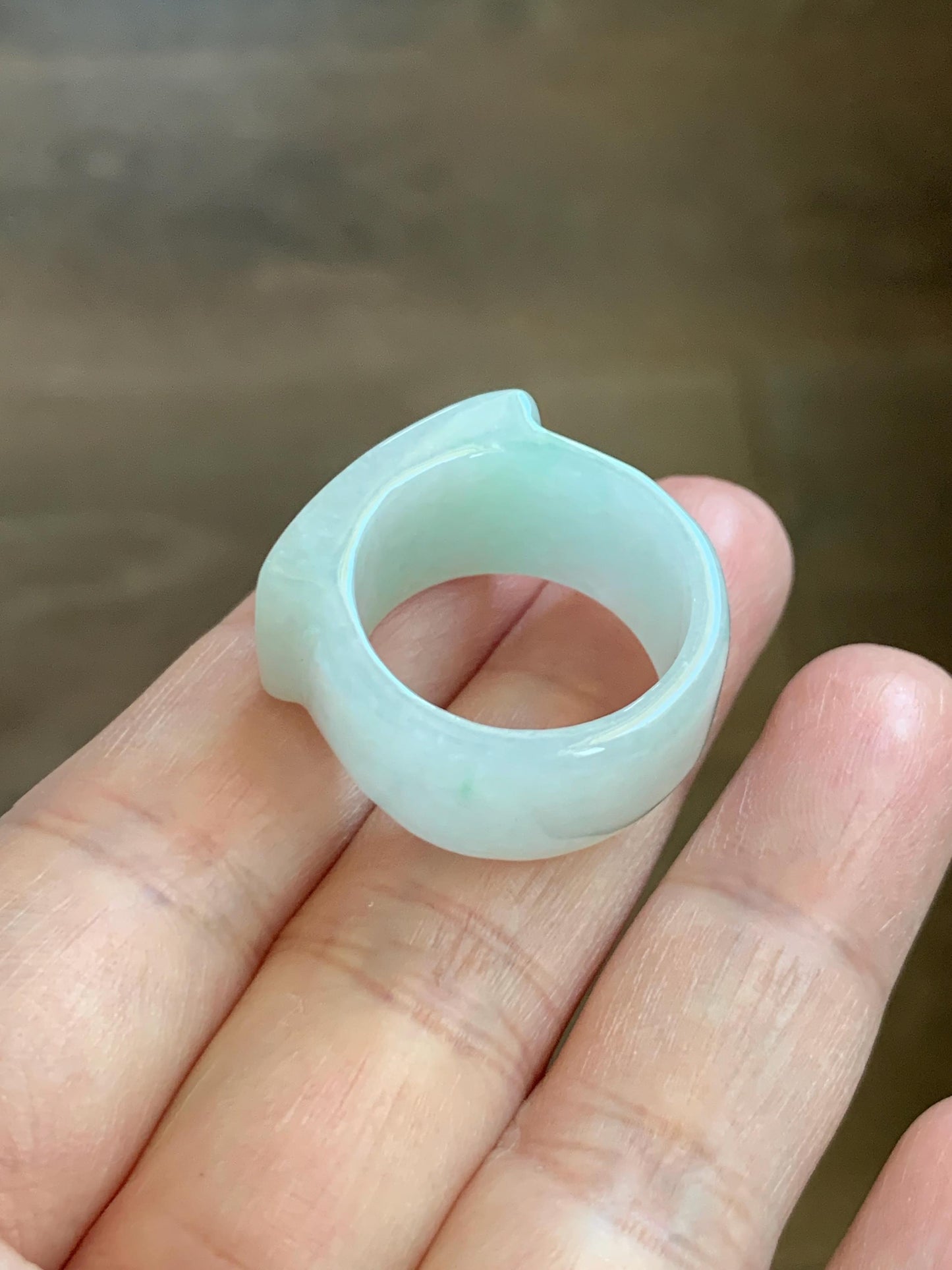 Natural Grade A Icy Translucent Pale Green White Jade Jadeite Wide Banzhi Band Ring Size 9 US 9g 天然冰细糯晴底翡翠扳指戒圈 MBZ55