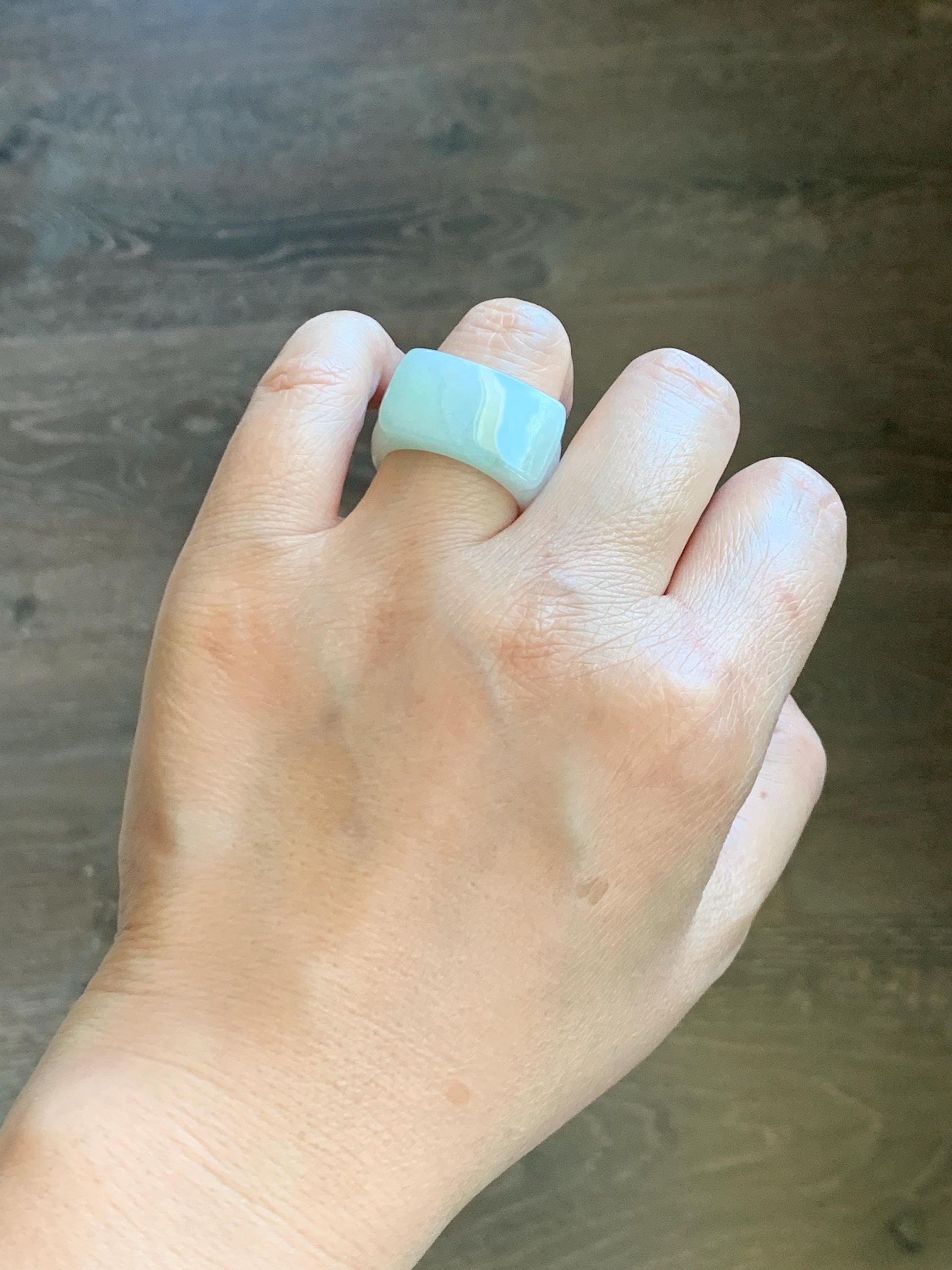 Natural Grade A Icy Translucent Pale Green White Jade Jadeite Wide Banzhi Band Ring Size 9 US 9g 天然冰细糯晴底翡翠扳指戒圈 MBZ55