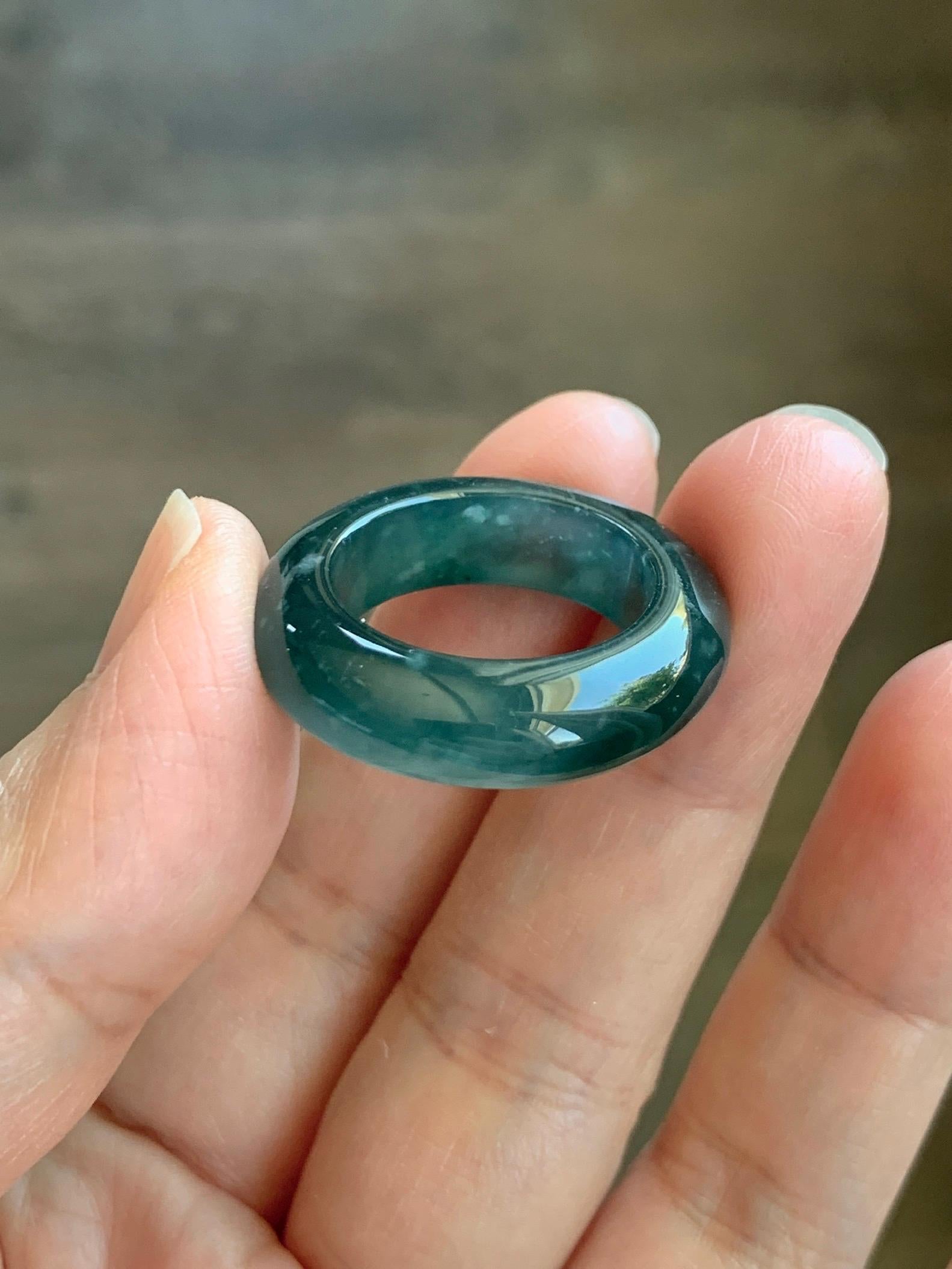 Certified Natural Grade A Guatemalan Icy Highly Translucent Dark Teal Blue Jade Jadeite Band Ring Pendant Size 9 US 天然冰胶危蓝绿翡翠戒圈吊坠 1153