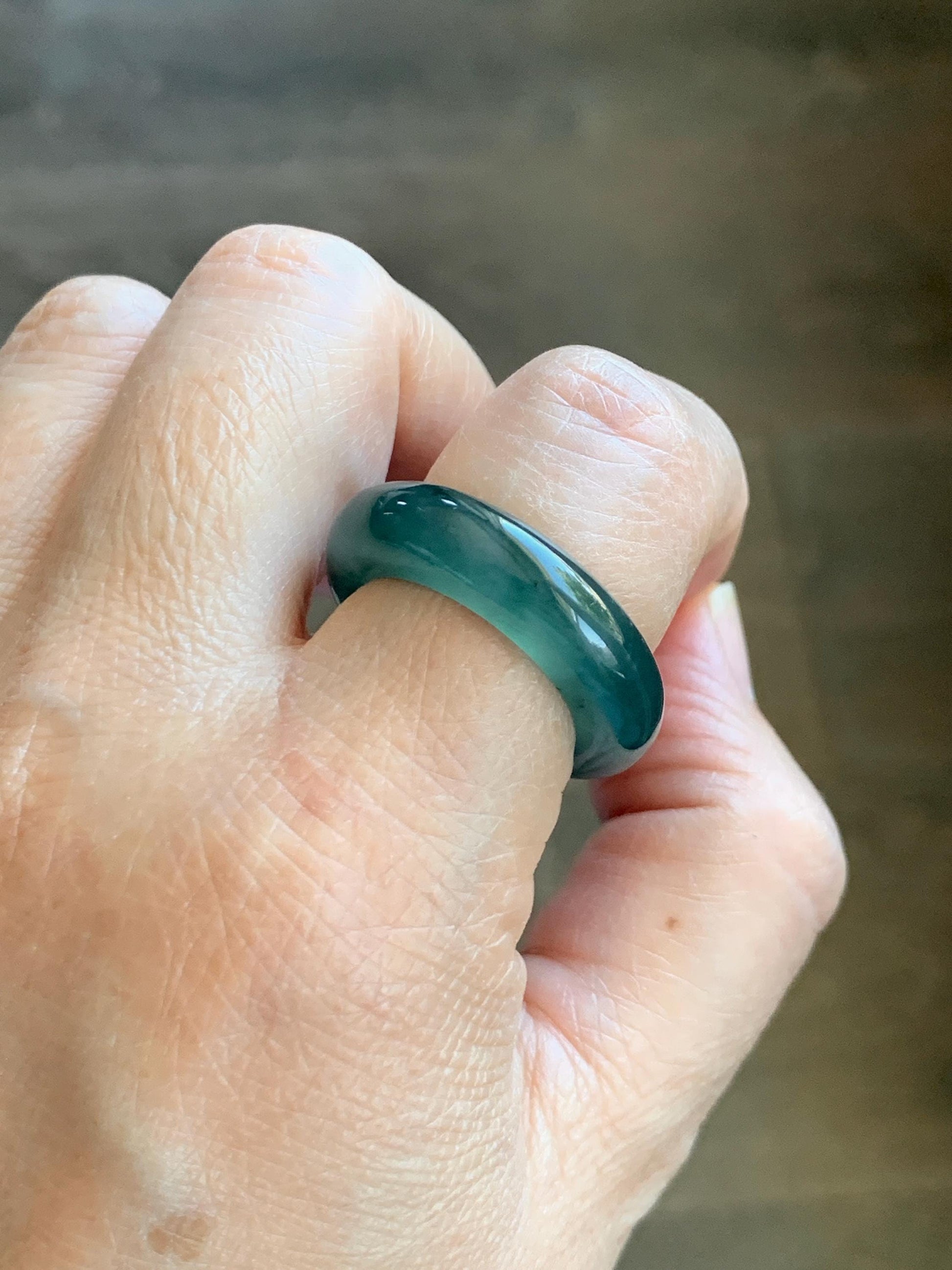 Certified Natural Grade A Guatemalan Icy Highly Translucent Dark Teal Blue Jade Jadeite Band Ring Pendant Size 9 US 天然冰胶危蓝绿翡翠戒圈吊坠 1153