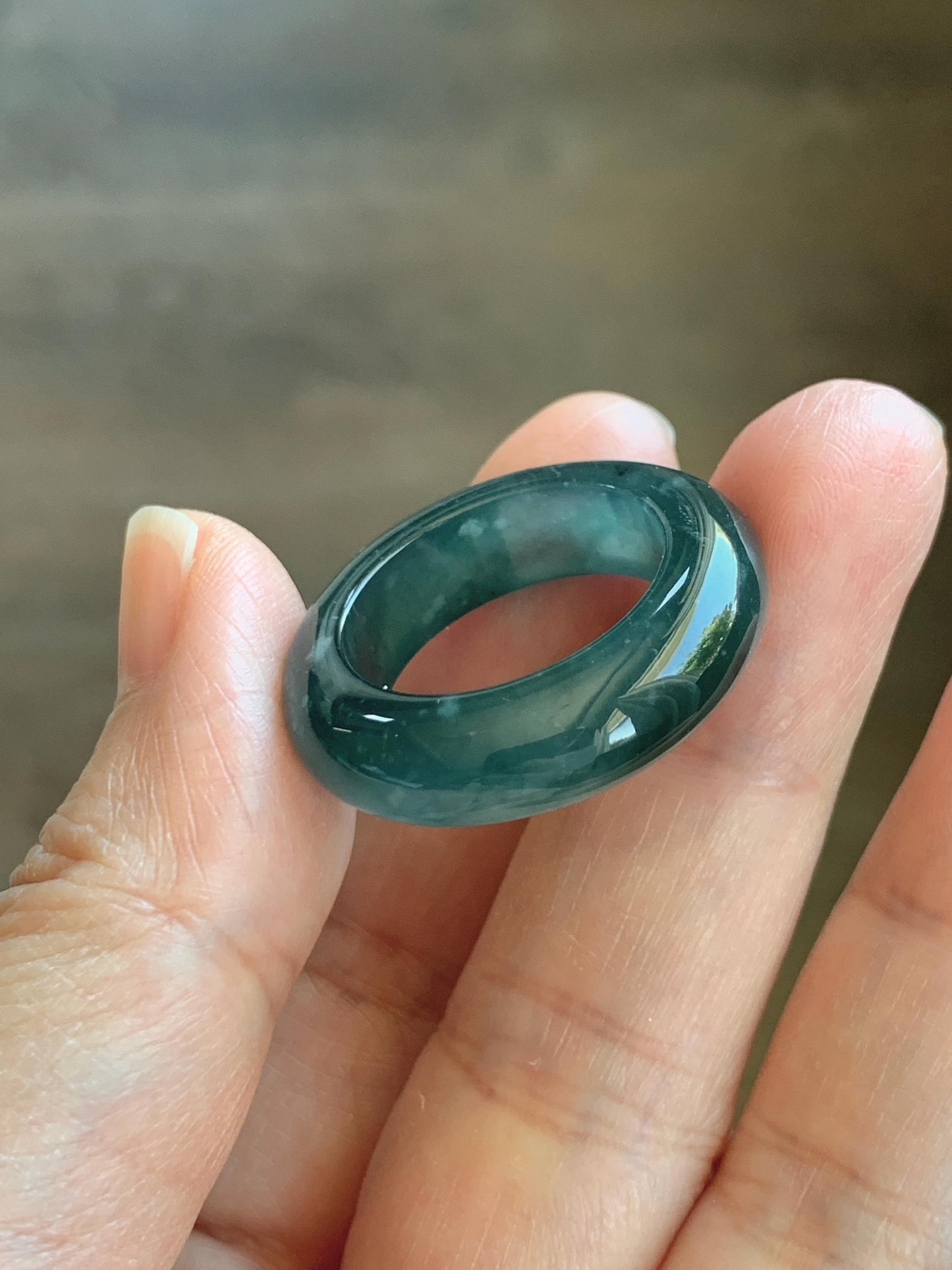 Certified Natural Grade A Guatemalan Icy Highly Translucent Dark Teal Blue Jade Jadeite Band Ring Pendant Size 9 US 天然冰胶危蓝绿翡翠戒圈吊坠 1153