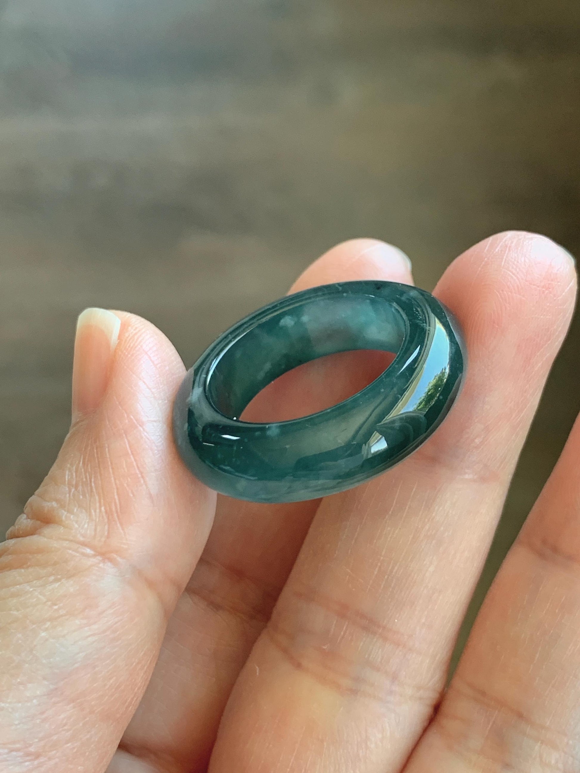 Certified Natural Grade A Guatemalan Icy Highly Translucent Dark Teal Blue Jade Jadeite Band Ring Pendant Size 9 US 天然冰胶危蓝绿翡翠戒圈吊坠 1153