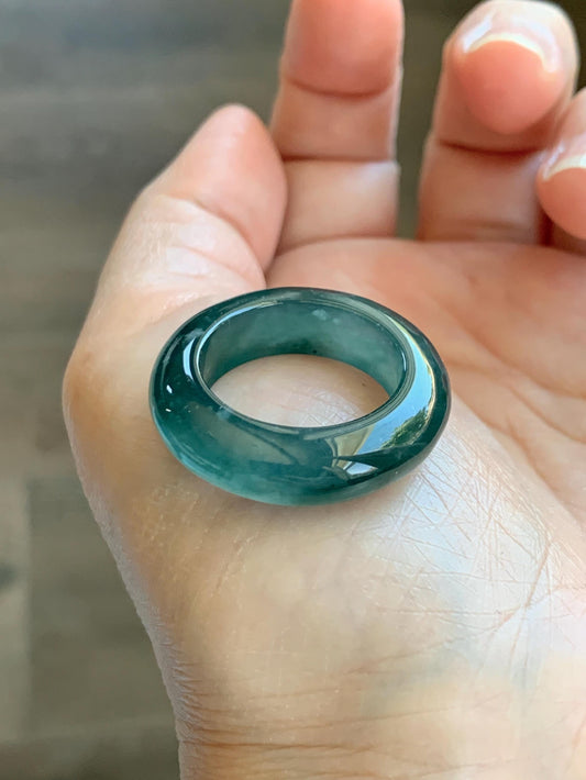 Certified Natural Grade A Guatemalan Icy Highly Translucent Dark Teal Blue Jade Jadeite Band Ring Pendant Size 9 US 天然冰胶危蓝绿翡翠戒圈吊坠 1153