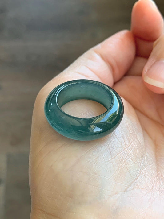 Certified Natural Grade A Guatemalan Icy Highly Translucent Dark Teal Blue Jade Jadeite Band Ring Pendant Size 7.5 US 天然冰胶危蓝绿翡翠戒圈吊坠 1154