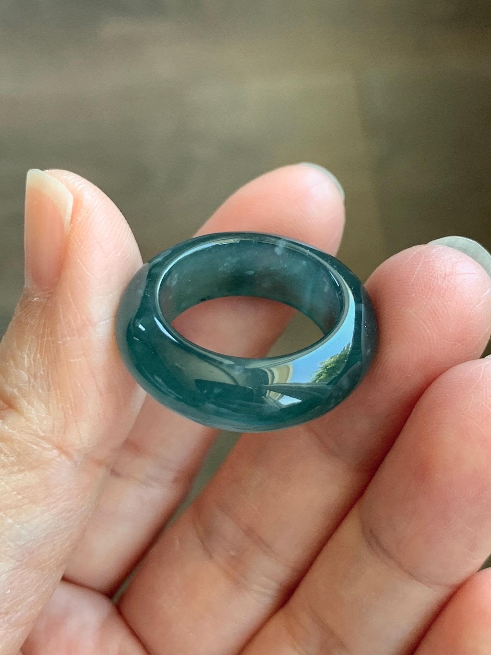 Certified Natural Grade A Guatemalan Icy Highly Translucent Dark Teal Blue Jade Jadeite Band Ring Pendant Size 7.5 US 天然冰胶危蓝绿翡翠戒圈吊坠 1154