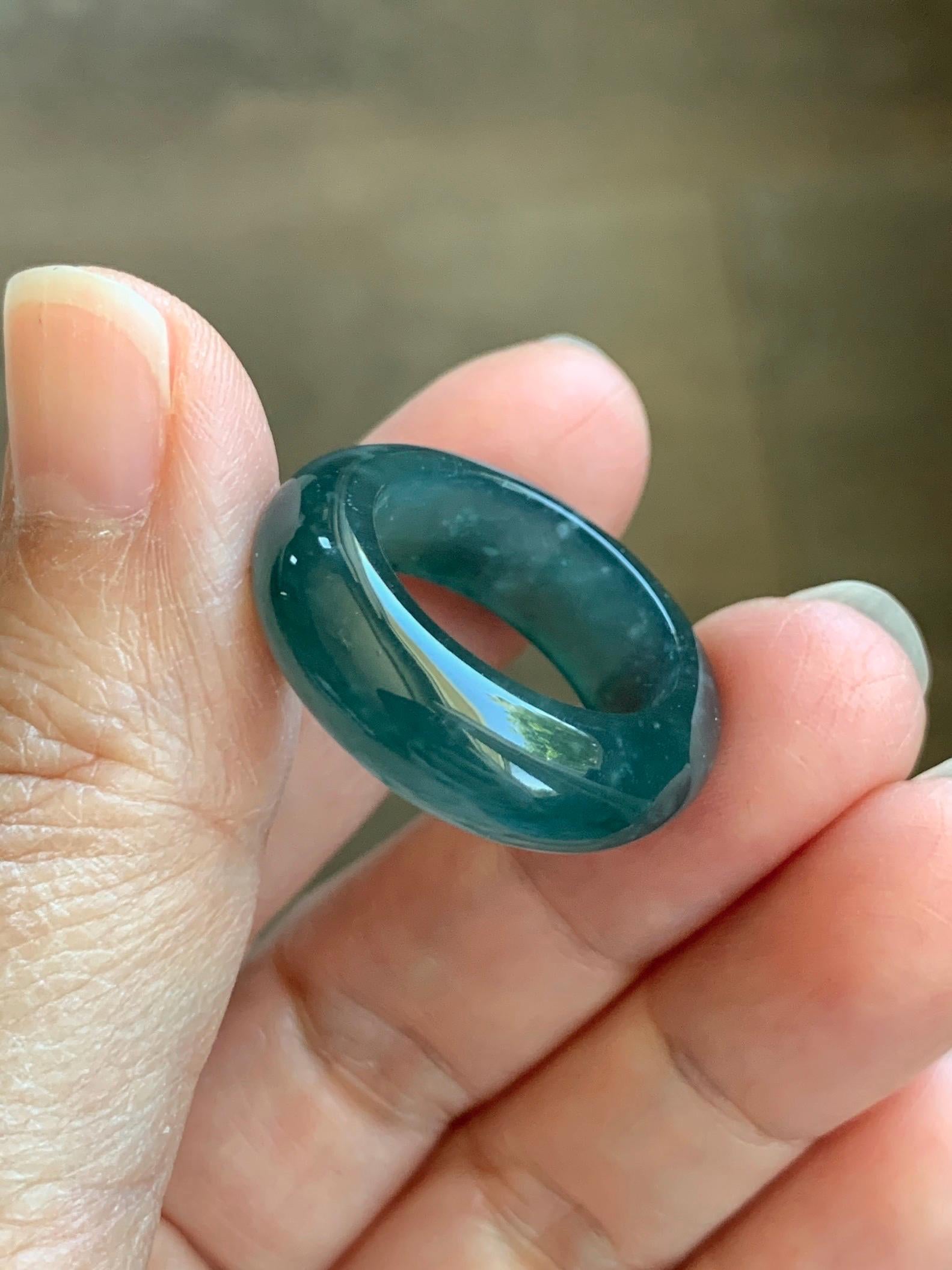 Certified Natural Grade A Guatemalan Icy Highly Translucent Dark Teal Blue Jade Jadeite Band Ring Pendant Size 7.5 US 天然冰胶危蓝绿翡翠戒圈吊坠 1154