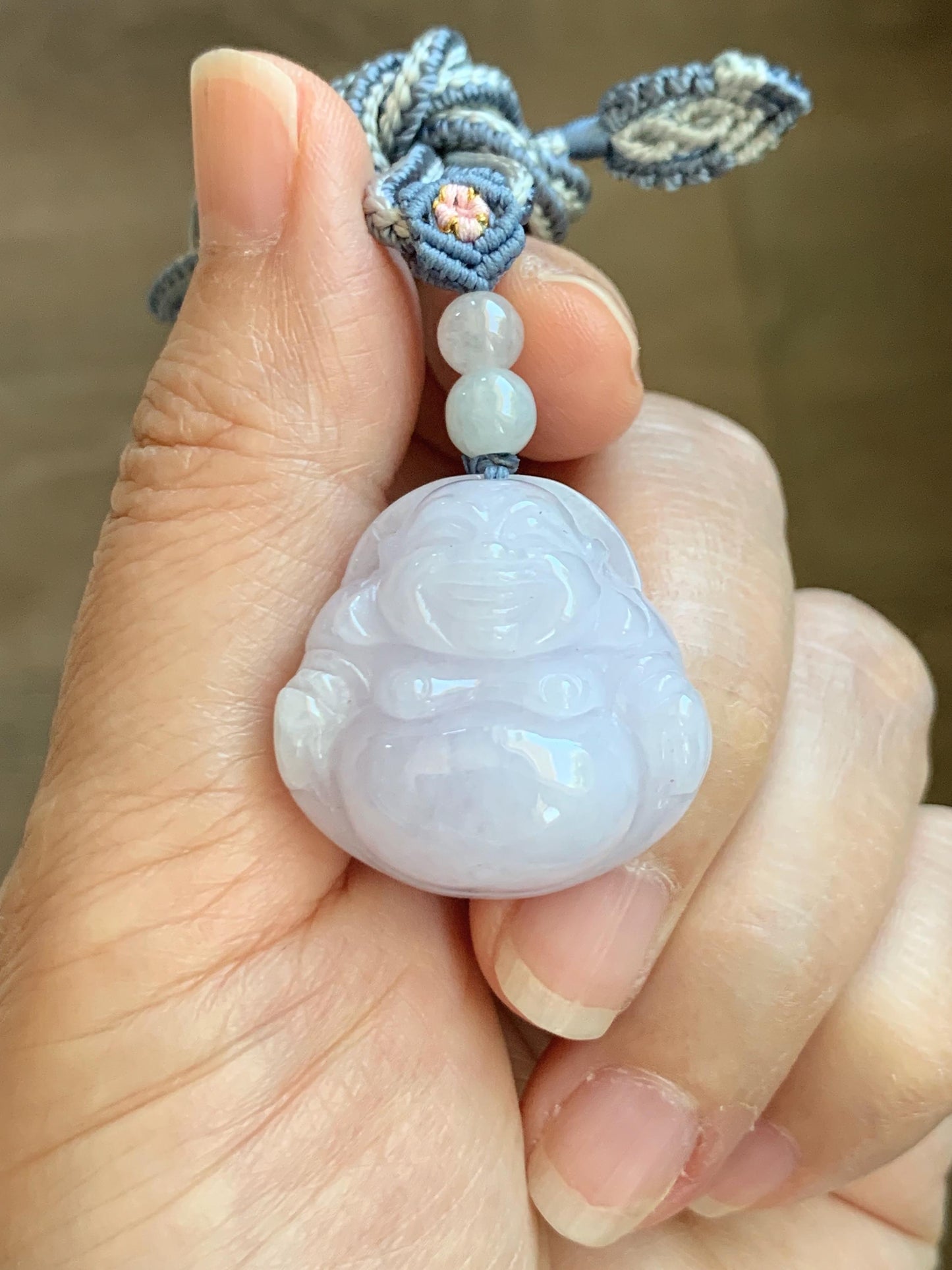 Certified Grade A Natural Icy Translucent Pastel Purple Jade Jadeite Buddha Pendant Rope Necklace 25” 天然冰淡紫底翡翠佛公吊坠项链 1164